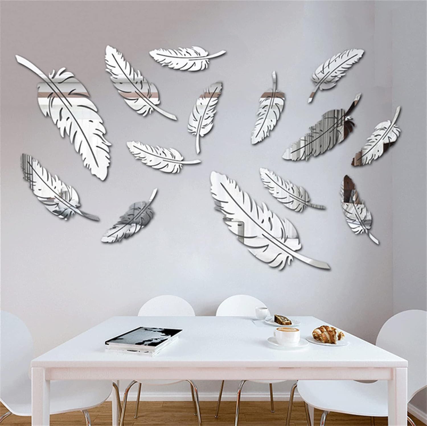 FELIXLEO Wandspiegel 15 Stück 3D Acryl Spiegel Wandaufkleber Blatt Dekor Silber