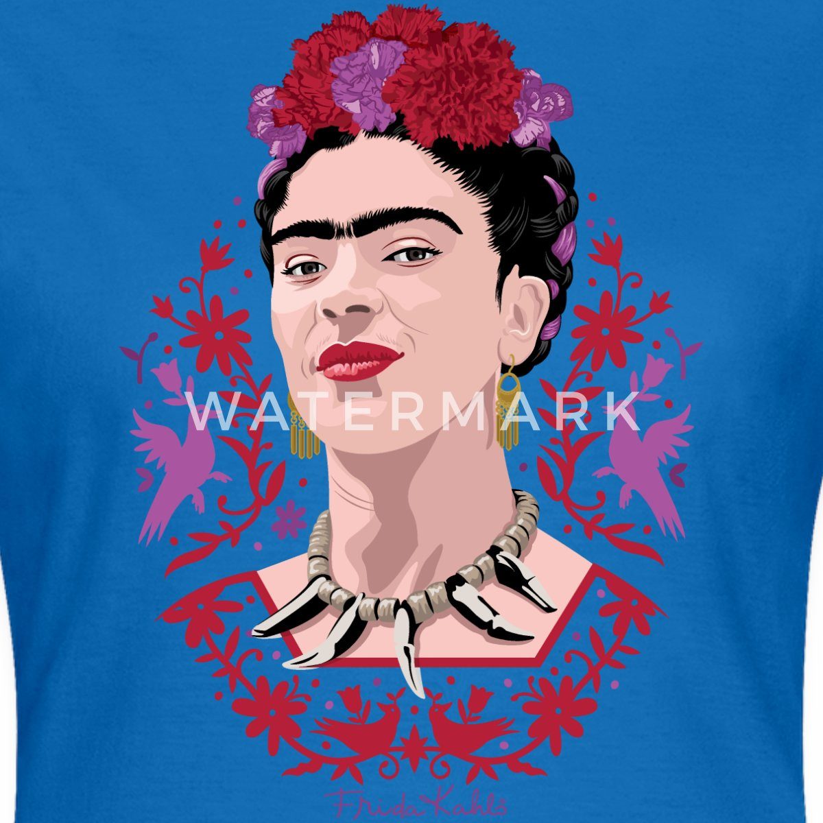 Spreadshirt T-Shirt Frida Kahlo Portrait Mit Blüten Lila Und Rot Frauen T-Shirt (1-tlg) Slim Fit, fällt klein aus