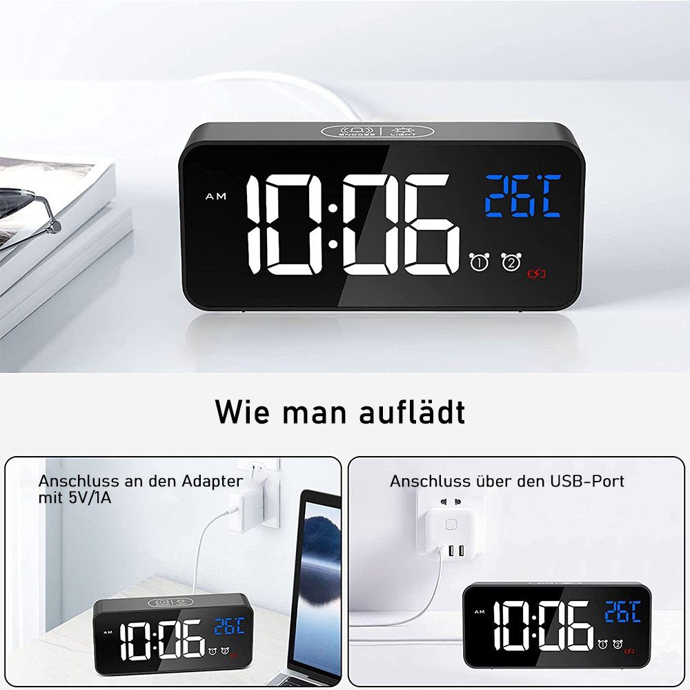 mit Spiegel Schwarz Digital, LED-Temperaturanzeige Wecker Desktop-Uhr Tragbare Wecker zggzerg