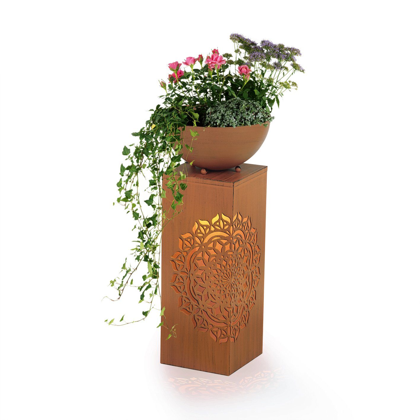 EASYmaxx Dekosäule Mandala Pflanzkübel Gartendekoration, Pflanzschale Garten Deko Kübel Säule LED Rost Optik 59cm | Blumenhocker