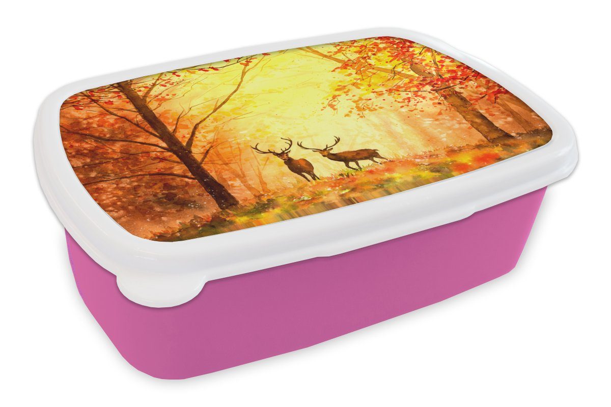 MuchoWow Lunchbox Natur - Ölfarbe - Hirsche - Tiere - Herbst - Orange, Kunststoff, (2-tlg), Brotbox für Erwachsene, Brotdose Kinder, Snackbox, Mädchen, Kunststoff rosa