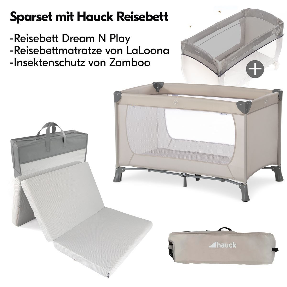 Hauck Baby-Reisebett Dream N Play - Beige, Kinder Babyreisebett mit Matratze, Insektenschutz & Tasche - faltbar