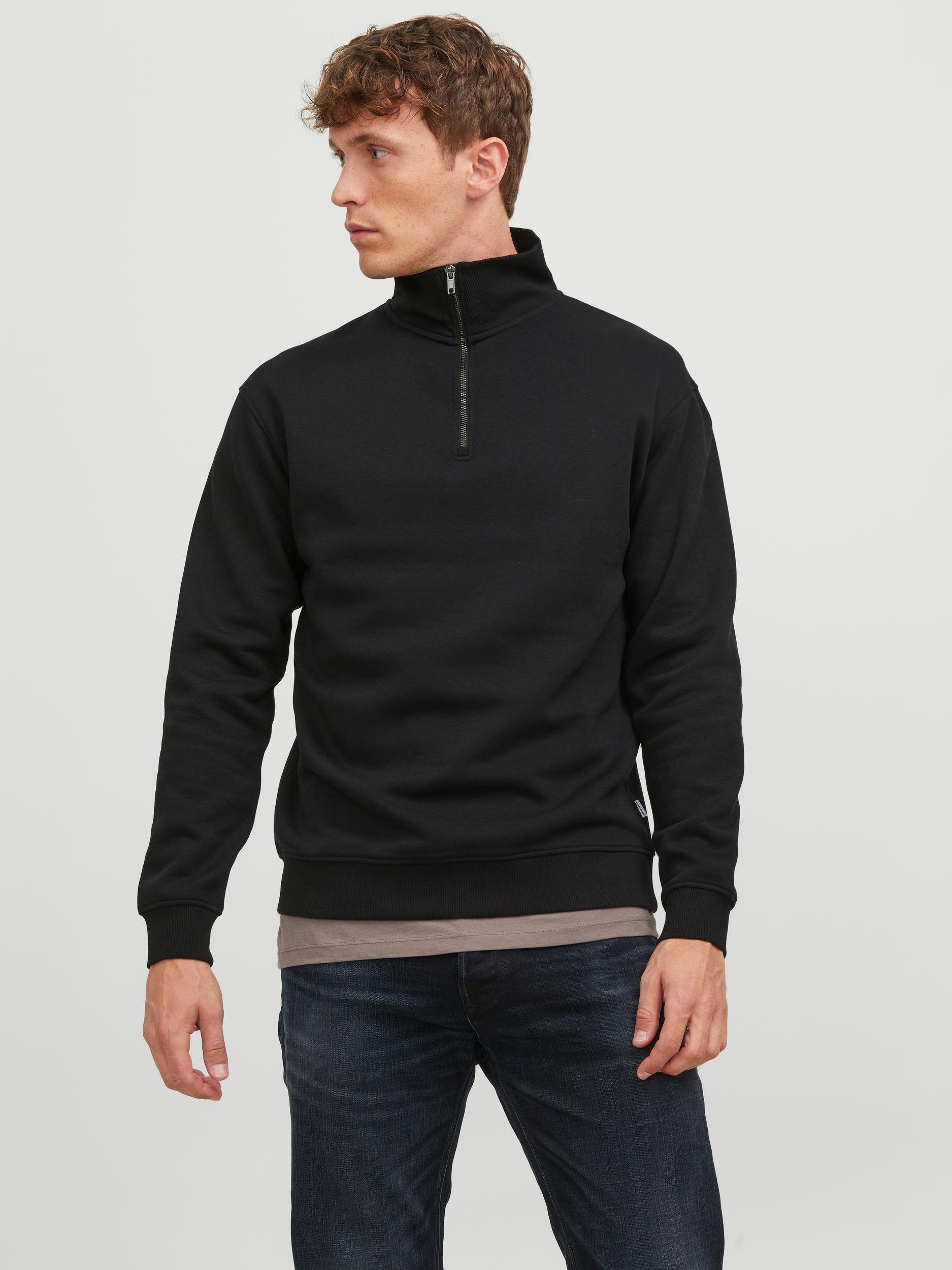 Jack & Jones Sweatshirt JJEBRADLEY SWEAT HALF ZIP NOOS mit Stehkragen Black