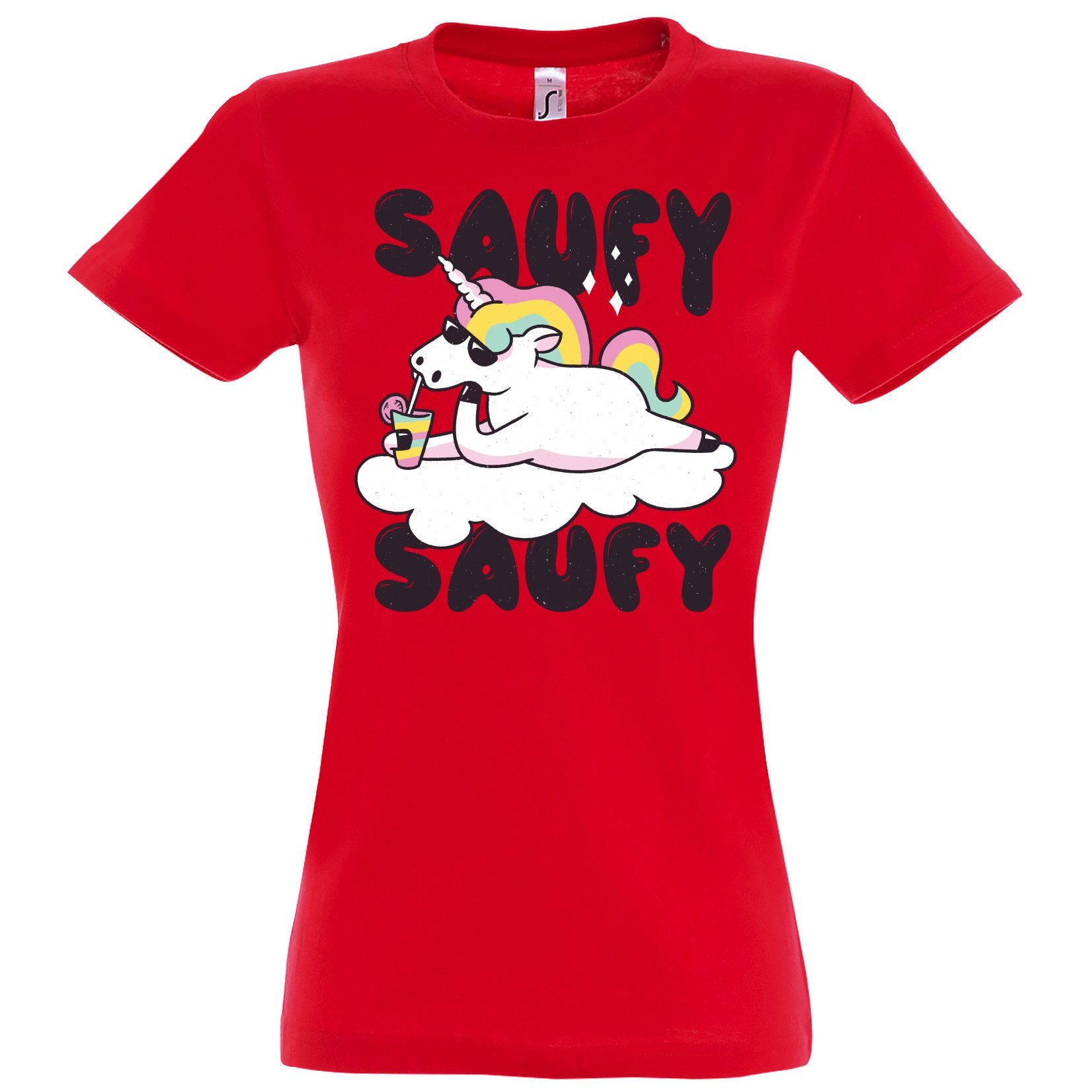 Youth Designz Print-Shirt SAUFY SAUFY Einhorn Damen T-Shirt mit Fun-Look Unicorn Aufdruck und lustigem Spruch Rot