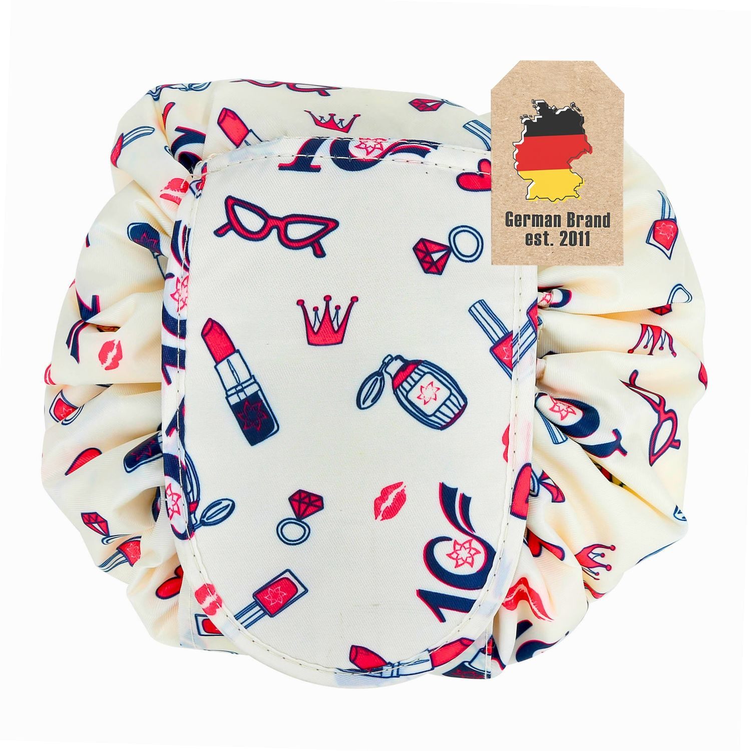 Intirilife Kosmetiktasche (Kulturbeutel mit Kordelzug in CREME GIRLY MOTIV, 1-tlg), Runder One Step Kosmetikbeutel Kosmetiktasche