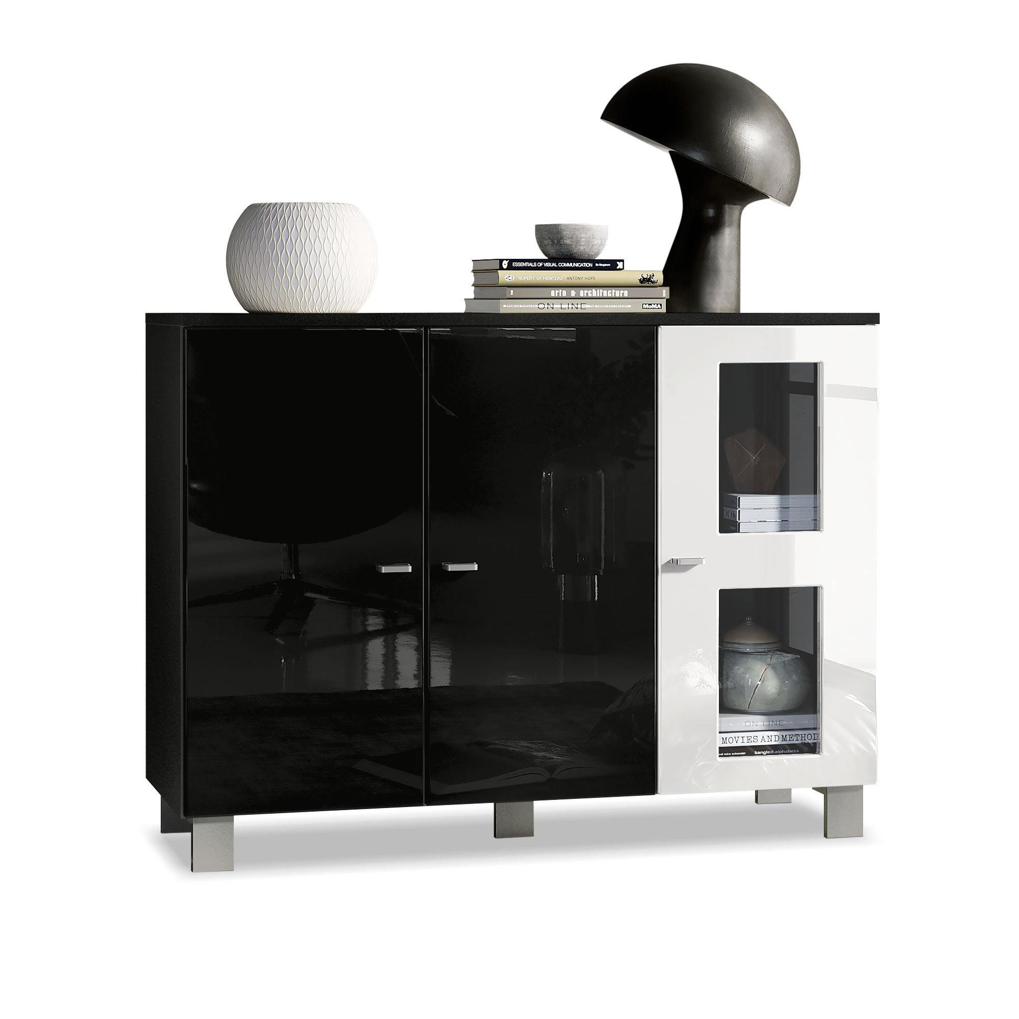 Vladon Sideboard Denjo (Kommode, mit 3 Türen), Schwarz matt/Schwarz Hochglanz/Weiß Hochglanz (107 x 81 x 35 cm)