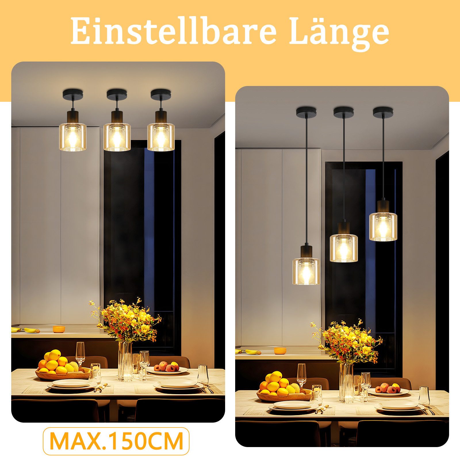 ZMH Pendelleuchte Esszimmer Bernstein 170CM Hängelampe 1 Flammig Vintage Hotel, Hochwertige Design, ohne Leuchtmittel – Bild 5 von 5