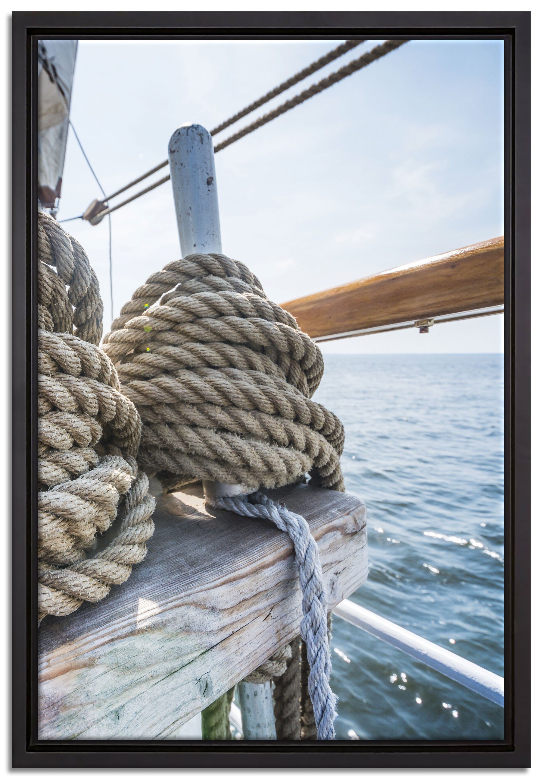 Pixxprint Leinwandbild Tau Seil auf Schiff, Wanddekoration (1 St), Leinwandbild fertig bespannt, in einem Schattenfugen-Bilderrahmen gefasst, inkl. Zackenaufhänger