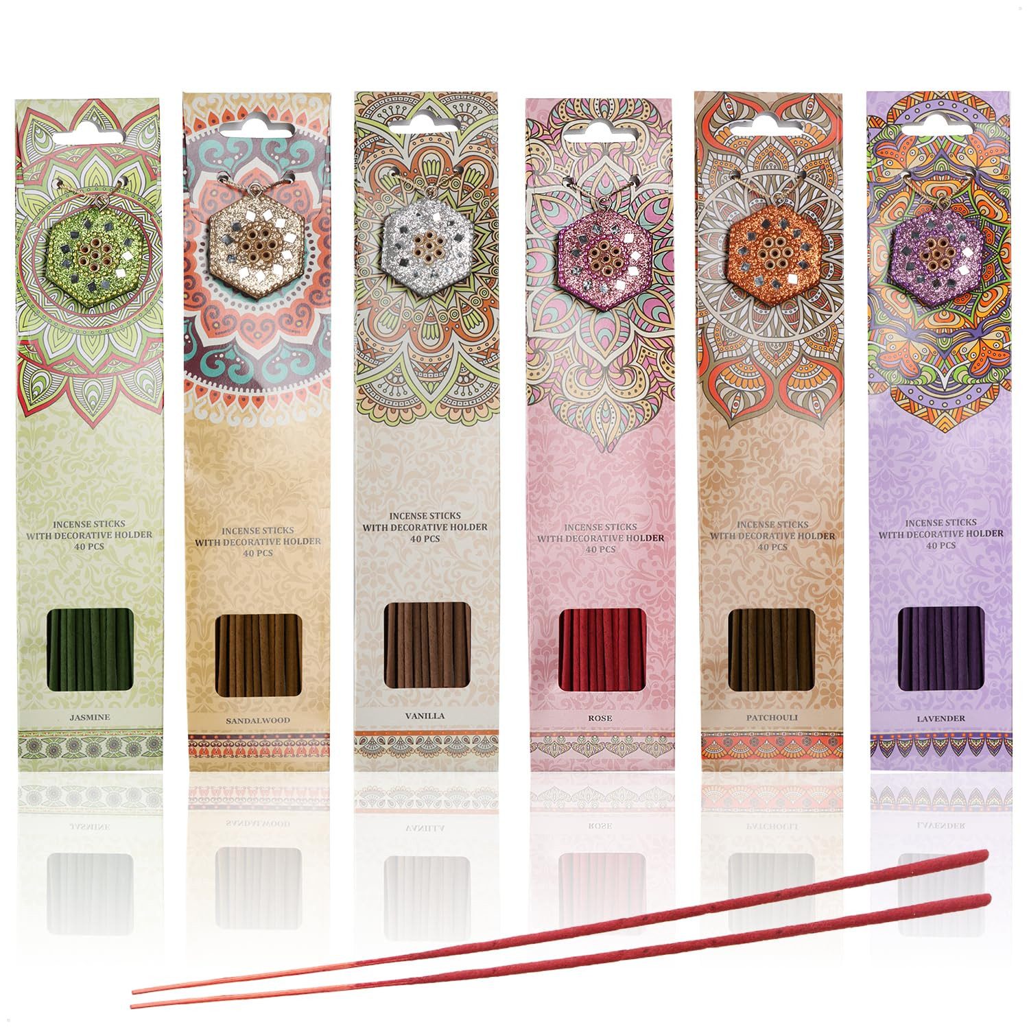 com-four Räucherstäbchen Premium Räucherstäbchen - 6 Boxen mit je 40 Stäbchen & eigenem Halter (240-St), ideal für Meditation, Entspannung & Yoga