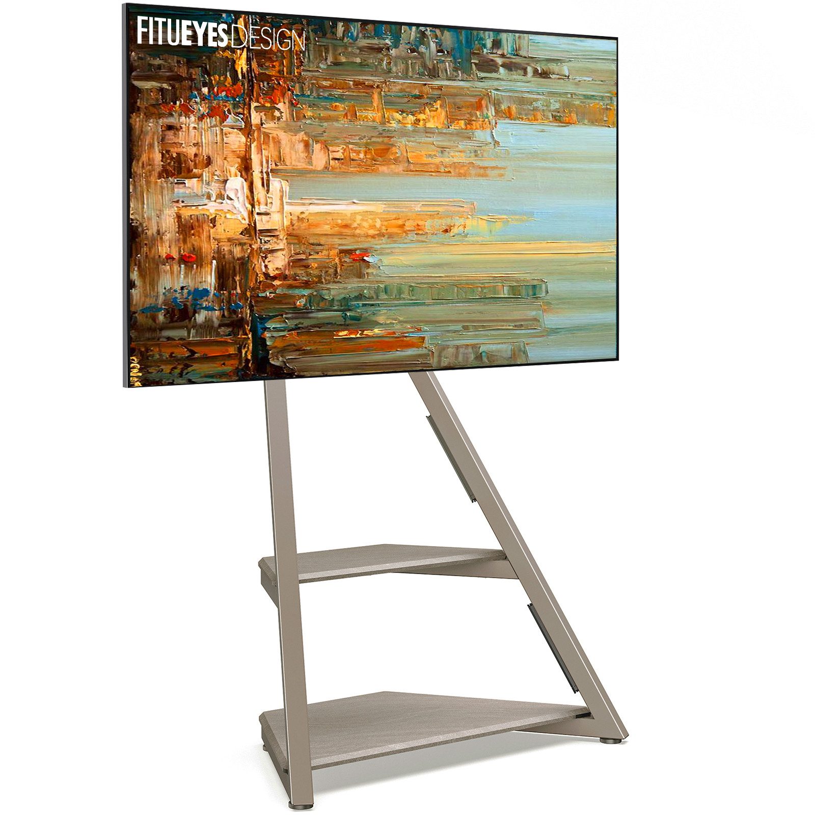 FITUEYES TV-Ständer mit Ablagen, höhenverstellbar, ±15° schwenkbar, 32-65 Zoll, (bis 65,00 Zoll, 5° bis -15° neigbar, für Rollen nachrüstbar)