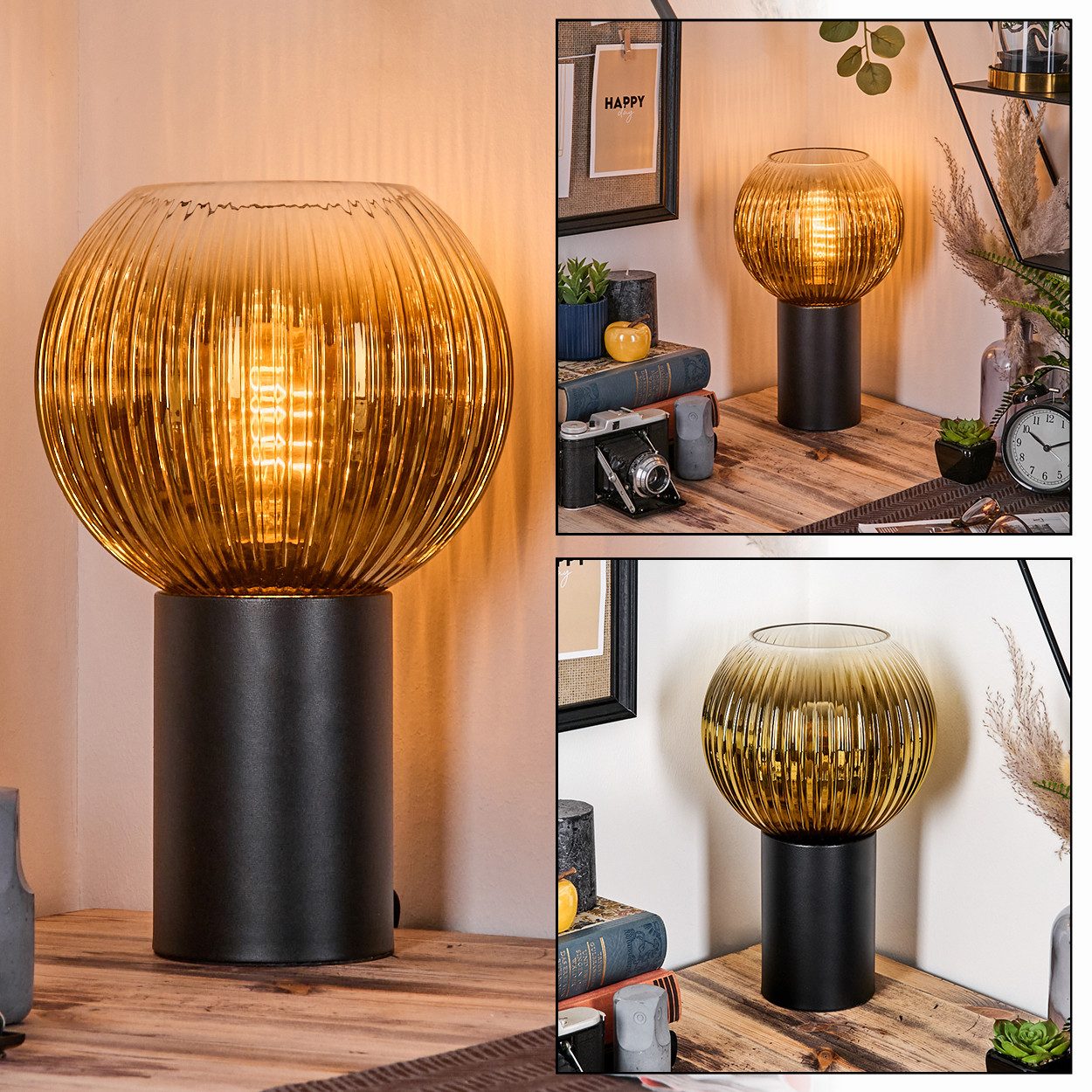 hofstein Tischleuchte Tischlampe aus Metall/Riffelglas in Schwarz/Goldfarben/Klar, ohne Leuchtmittel, Leuchte im Retro/Vintage-Design mit Glasschirm (20 cm), 1 x E27