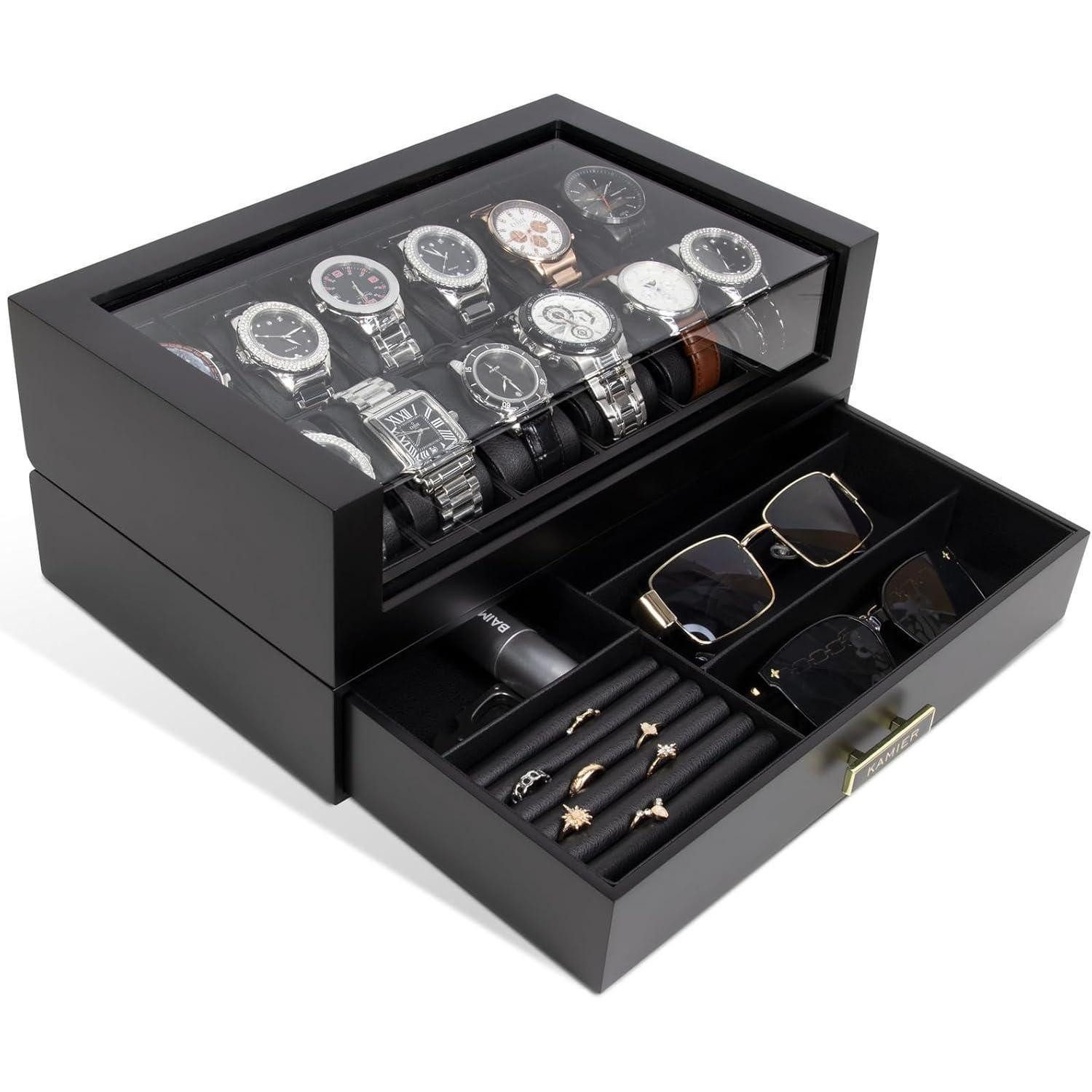 LuxusKollektion Uhrenbox Uhrenbox Herren mit 12 Fächern Echtholz Uhrenkoffer 2 Ebenen Schwarz