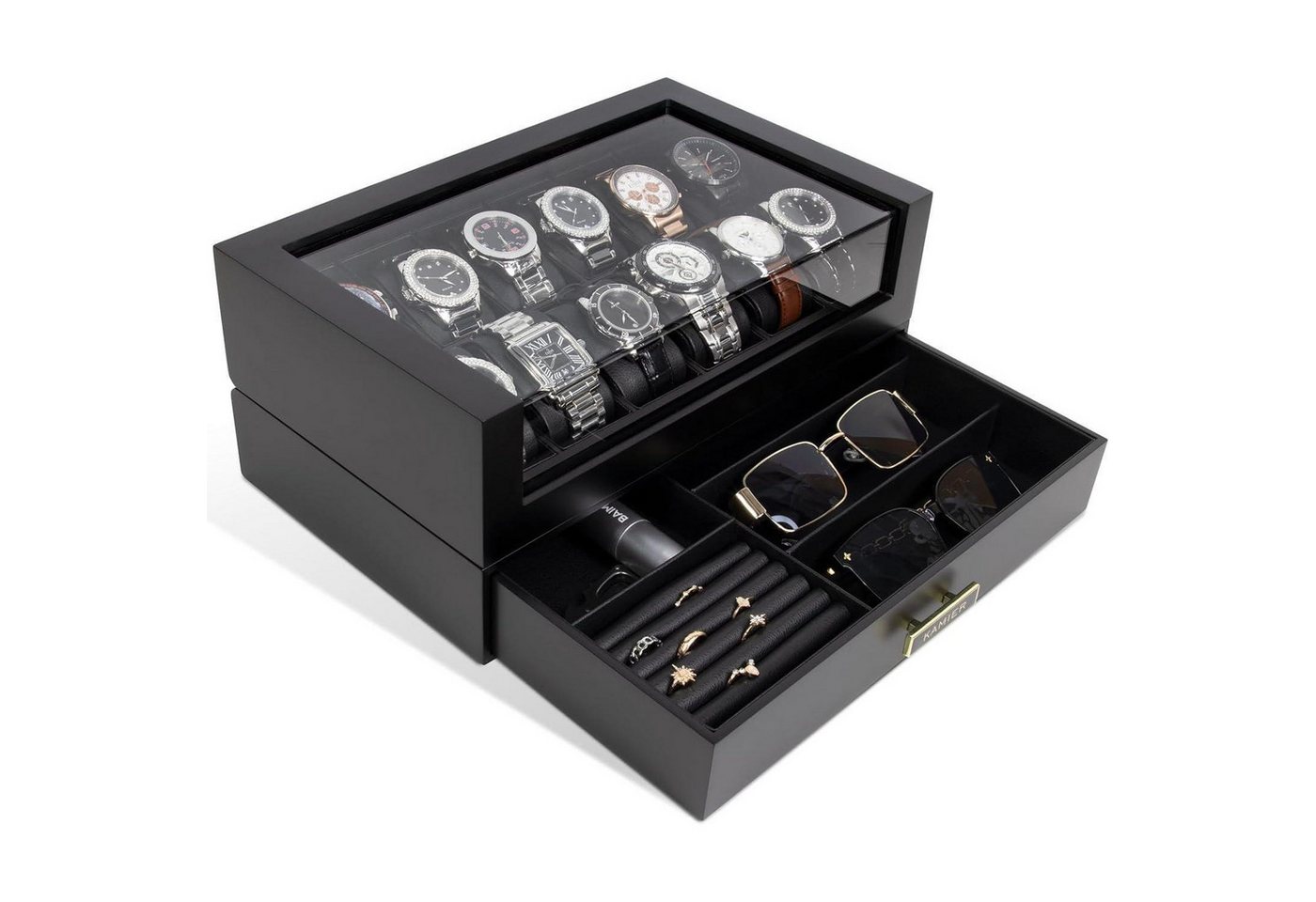 LuxusKollektion Uhrenbox Uhrenbox Herren mit 12 Fächern Echtholz Uhrenkoffer 2 Ebenen Schwarz