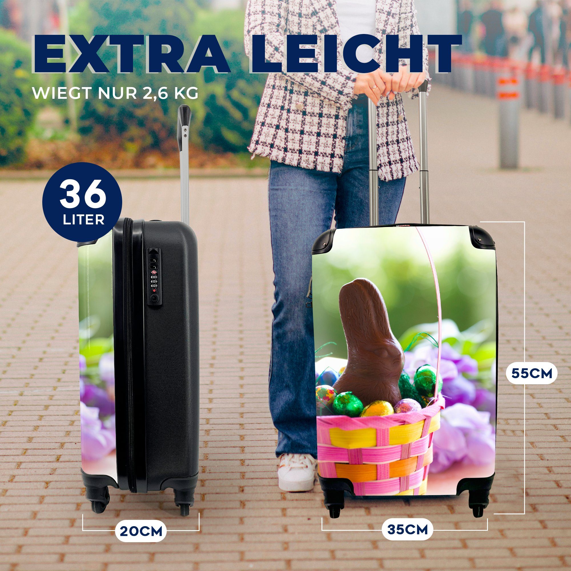 und 4 in MuchoWow Ferien, Schokoladenosterhase für Handgepäck Reisetasche Eier Rollen, mit einem Trolley, Handgepäckkoffer rollen, Reisekoffer Korb,