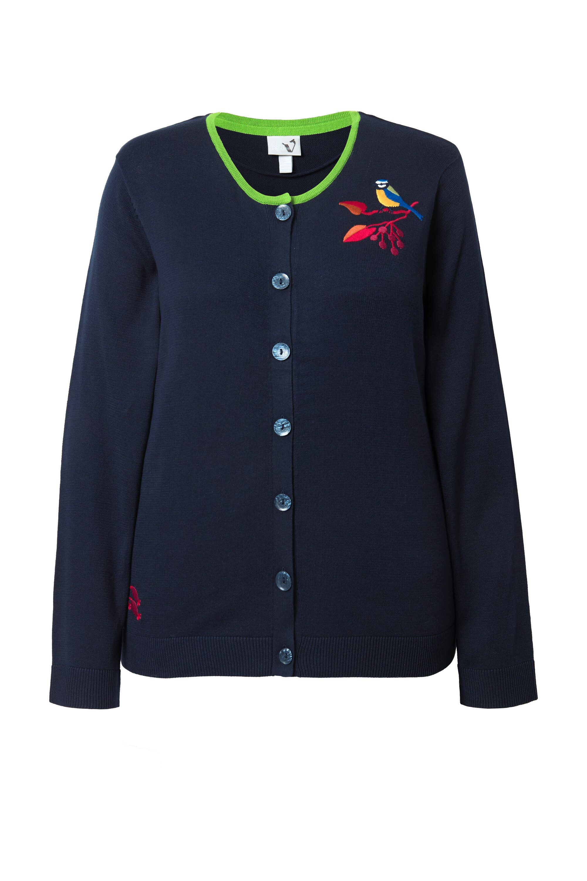 Ulla Popken Strickjacke Strickjacke Vogel-Stickerei Rundhals Langarm