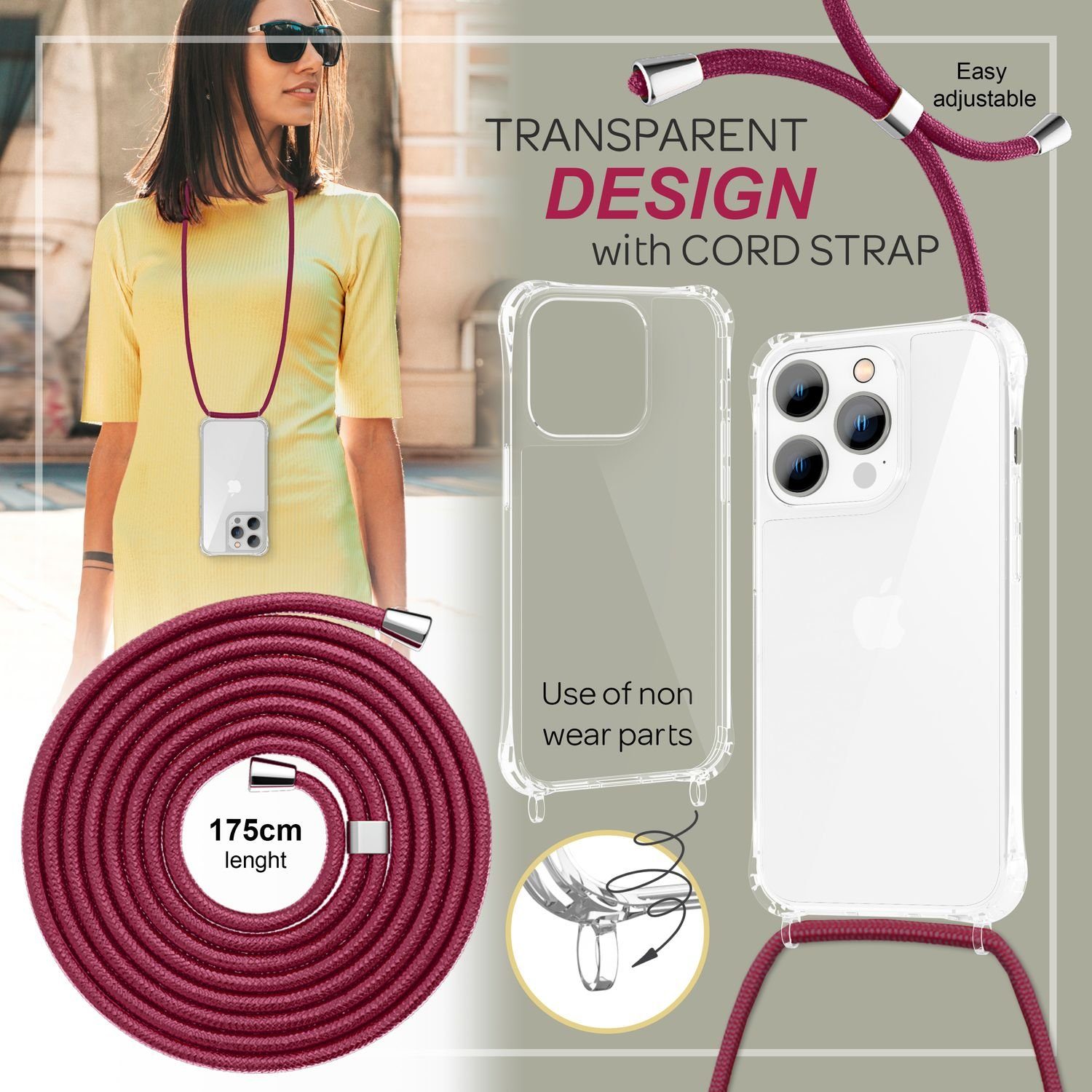 Nalia Backcover Apple iPhone 14 Pro Max 17 cm (6,7 Zoll), Klare Hybrid Hülle mit Kette / Schutzhülle zum Umhängen / Handyband