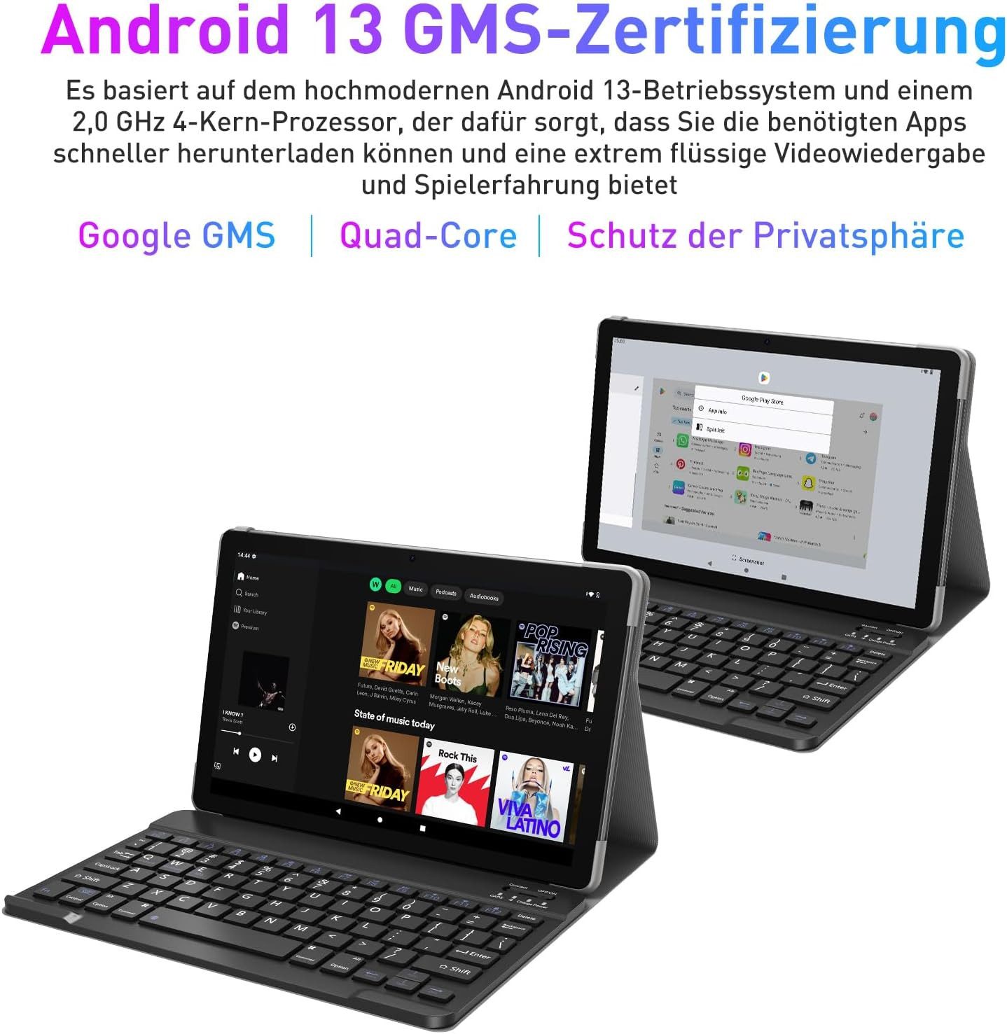 Zevelora Android 13 Tablet mit Tastatur 2,4G/5G WLAN 4-Core 2,0 GHz Tablet (10", 128 GB, Android 13, FHD 5+13 MP Kamera 7000 mAh Bluetooth 5.0, Tablet PC Grau)