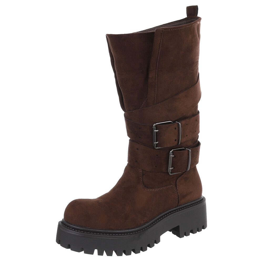 Ital-Design Damen Bikerstiefel mit Plateausohle und Schnallen Plateaustiefel (92299725) Blockabsatz Stiefel in Braun