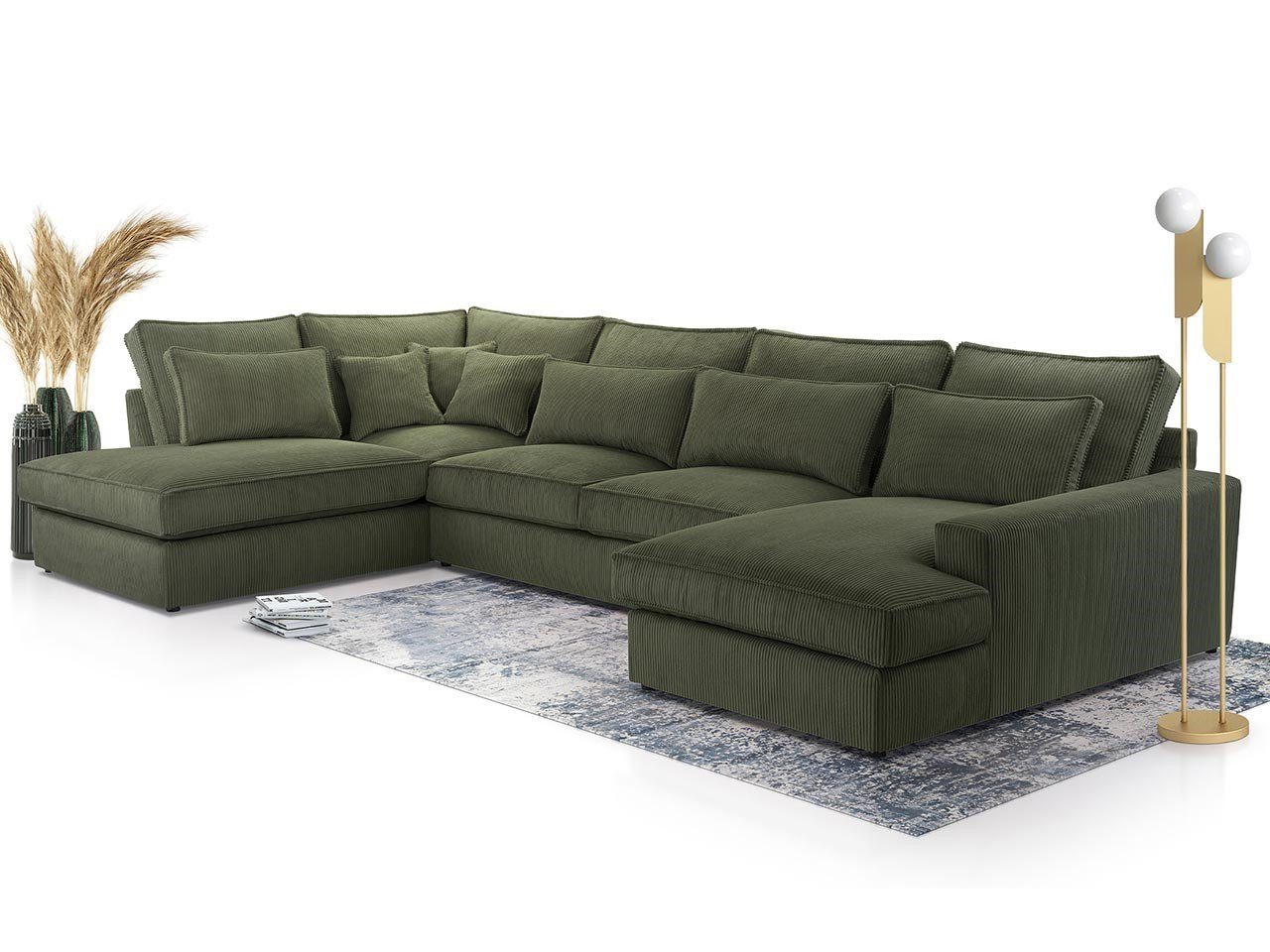 MKS MÖBEL Ecksofa CANES U, U - Form Couch, lose Kissen, modern Design Dunkelgrün Lincoln
