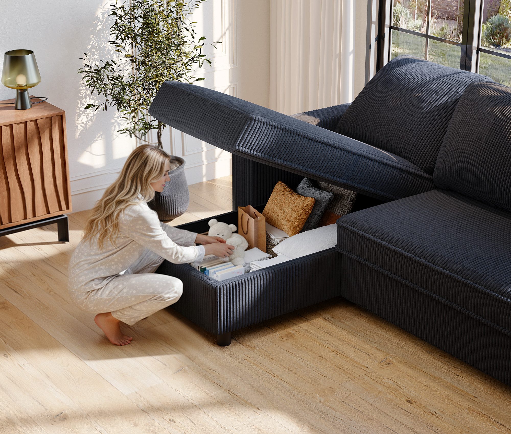HOMALL Sofa Bequemes Eck-Schlafsofa, mit Schlaffunktion und Bettkasten,Becherhaltern, Couch