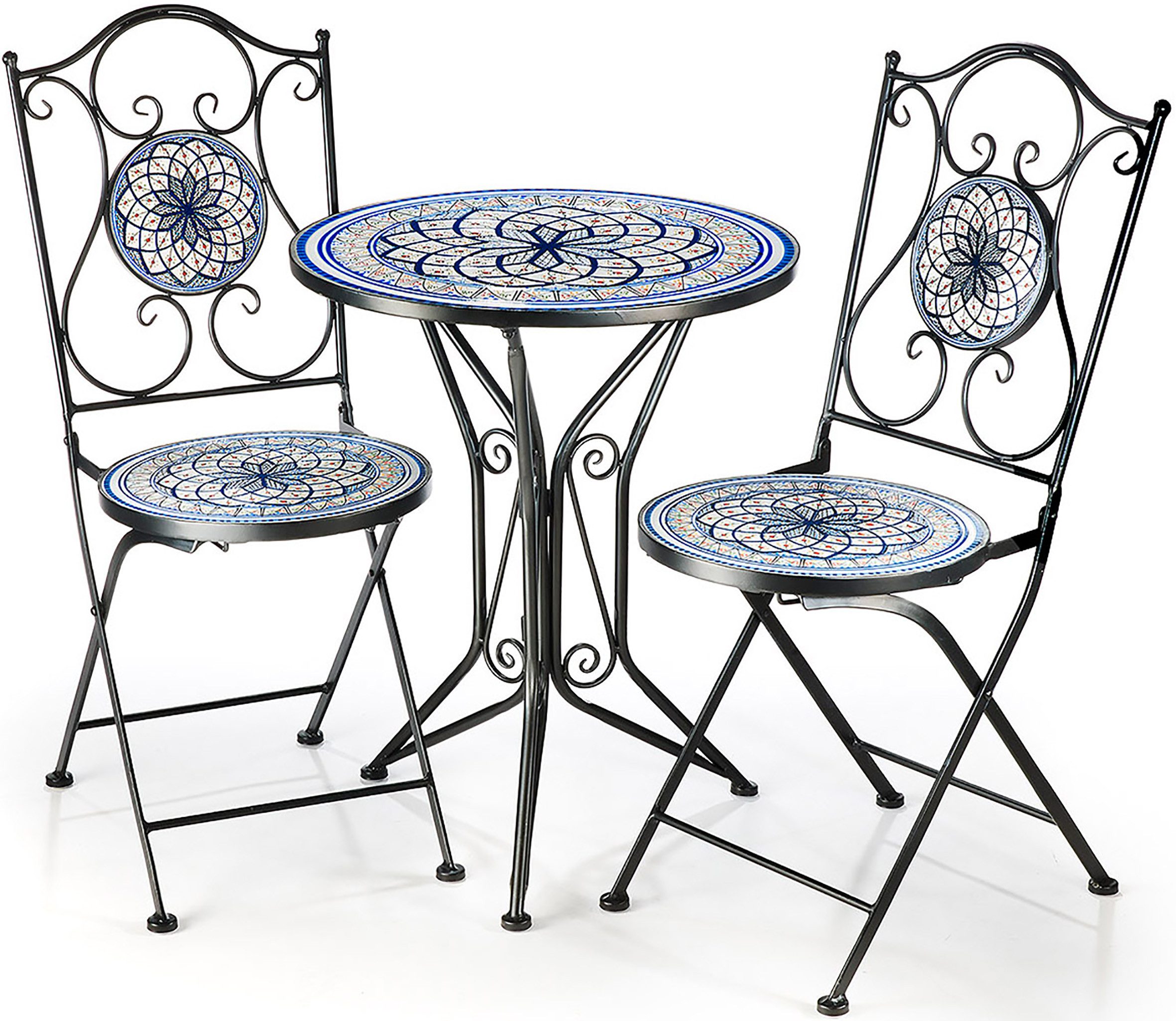 Balkonset Sitzgruppe Gartenmöbel Tisch Stühle Metall Mosaik blau weiß