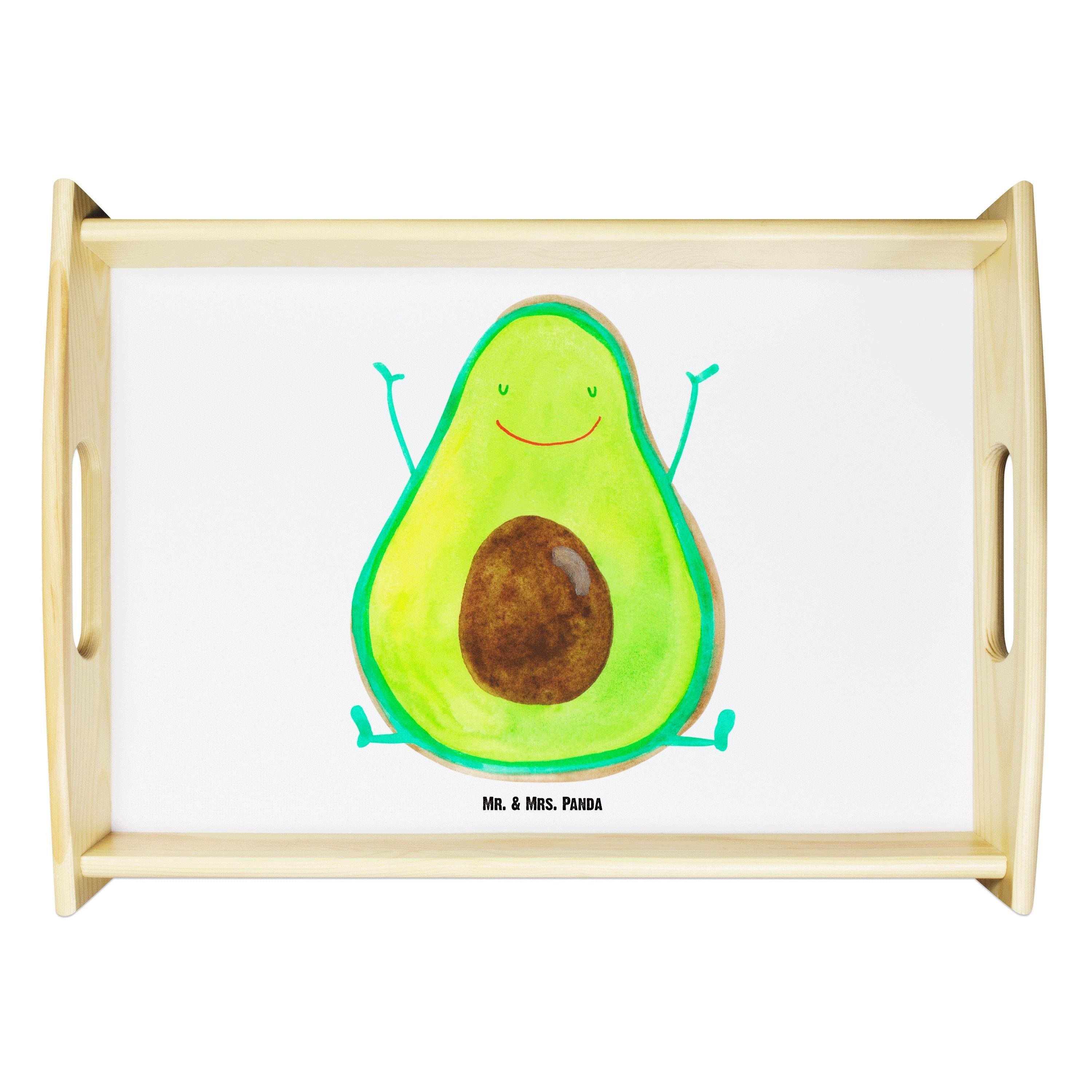 Mr. & Mrs. Panda Tablett Avocado Happy - Weiß - Geschenk, Juhuu, Holztablett, Tablett, glückli, Echtholz lasiert, (1-tlg)