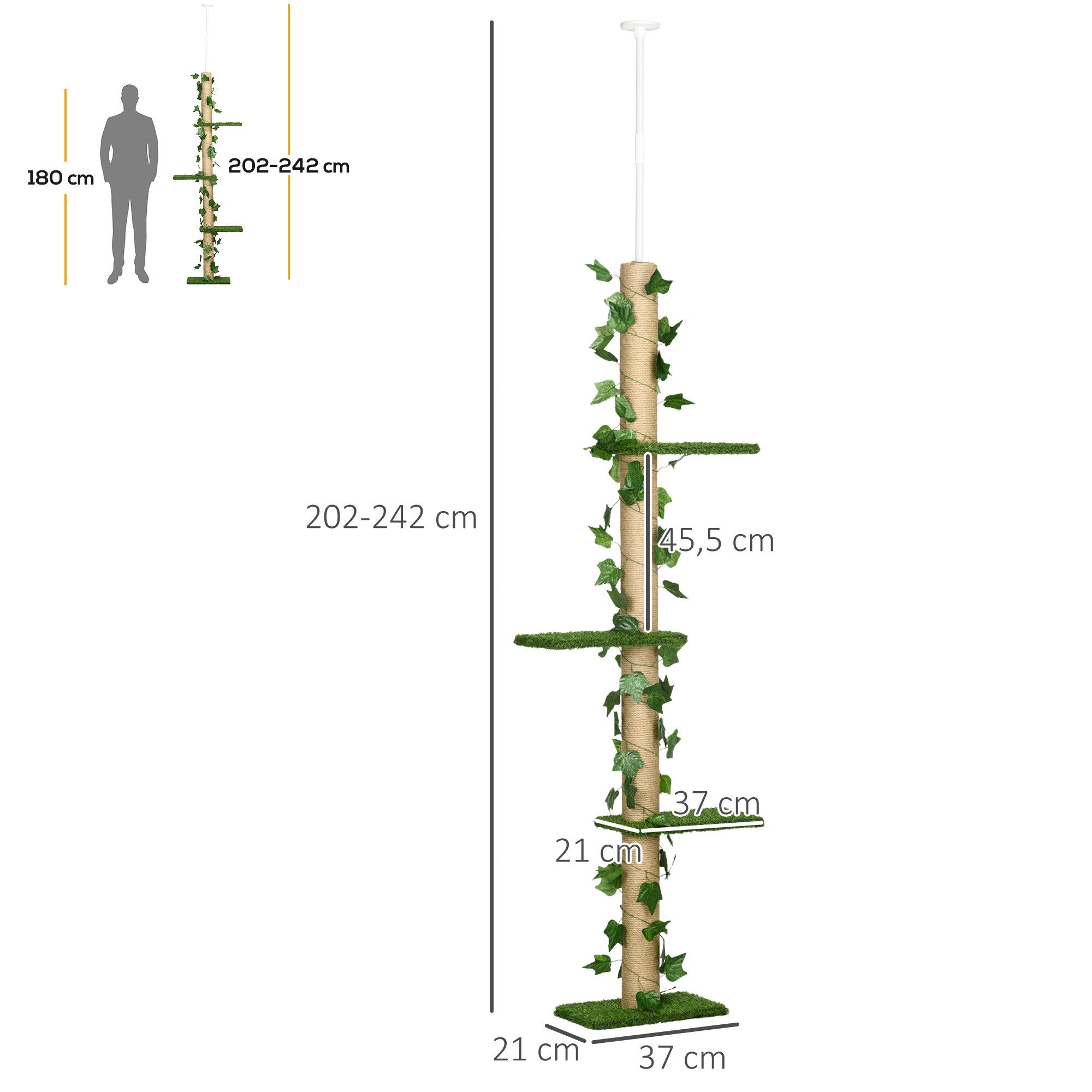 PawHut Kratzbaum Katzenkratzbaum Deckenhoch, 202-242 cm, Kletterbaum, höhenverstellbar, mit Kippschutz, Jute, Grün+Gelb