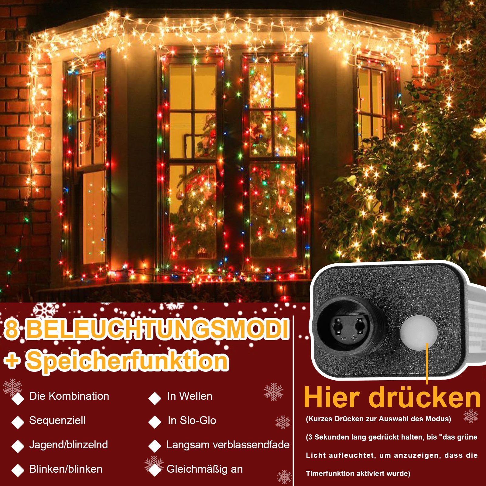 Rosnek LED-Lichtervorhang Modi, Eiszapfen, Timer 5-15M, Weihnachten wasserdicht, 8 Deko, für Speicherfunktion, Dach