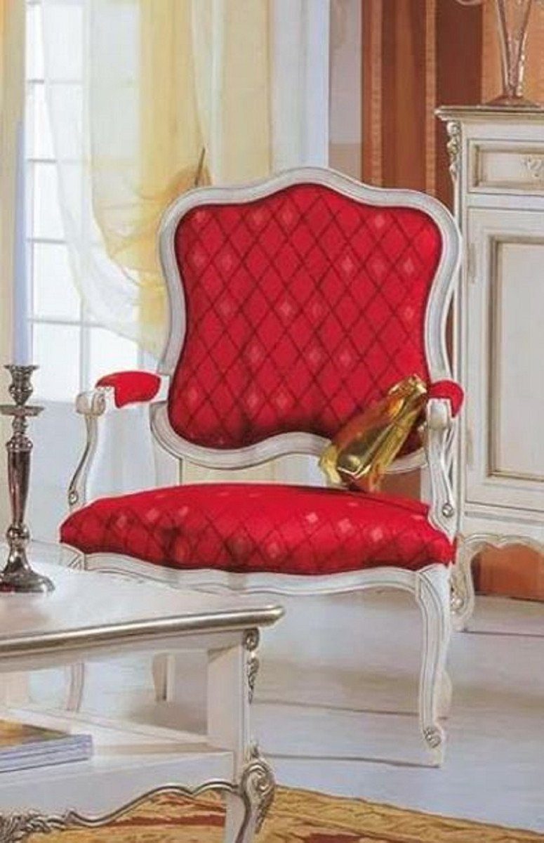 Casa Padrino Sessel Luxus Barock Sessel Rot / Weiß / Silber - Handgefertigter Wohnzimmer Sessel - Barock Wohnzimmer Möbel - Luxus Qualität - Made in Italy