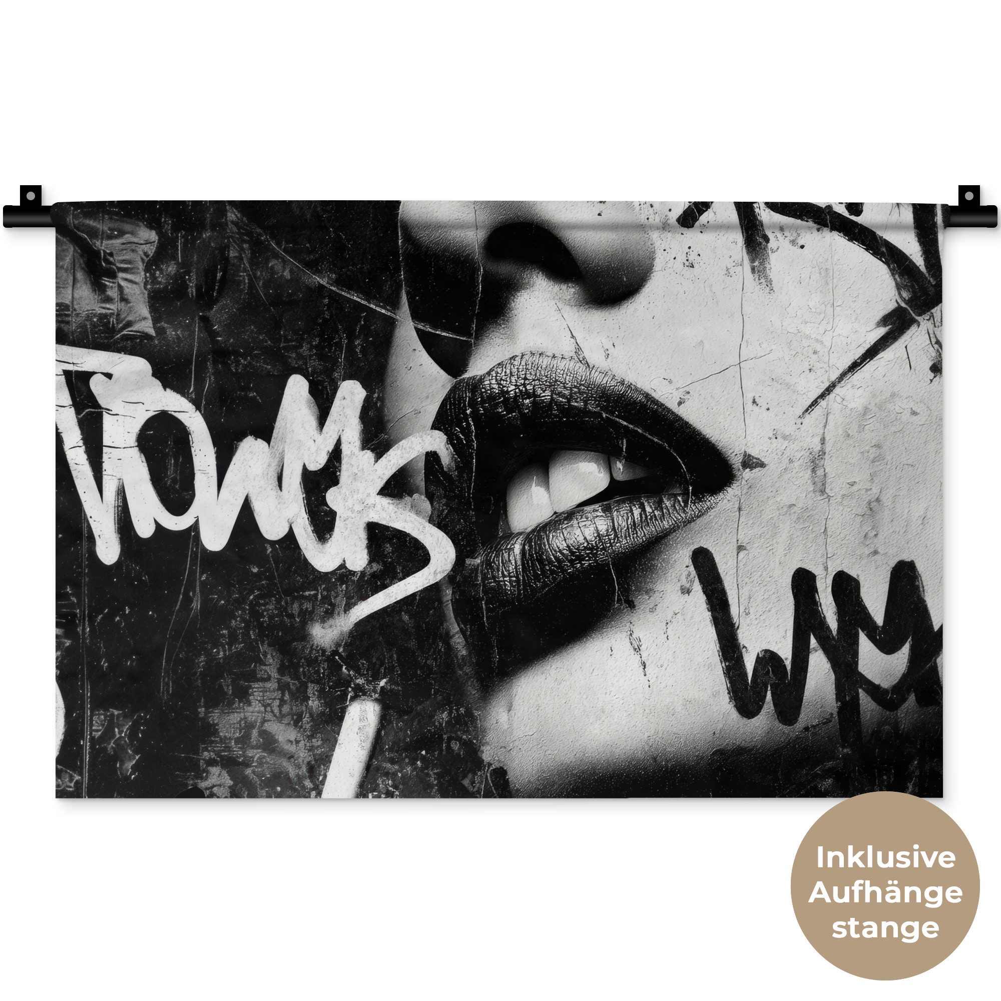 MuchoWow Wandteppich Gesicht - Mund - Graffiti - Schwarz, Rechteckig, Höhe: 3 mm, Wandteppich für Wohnzimmer, Schlafzimmer, 60x40 cm