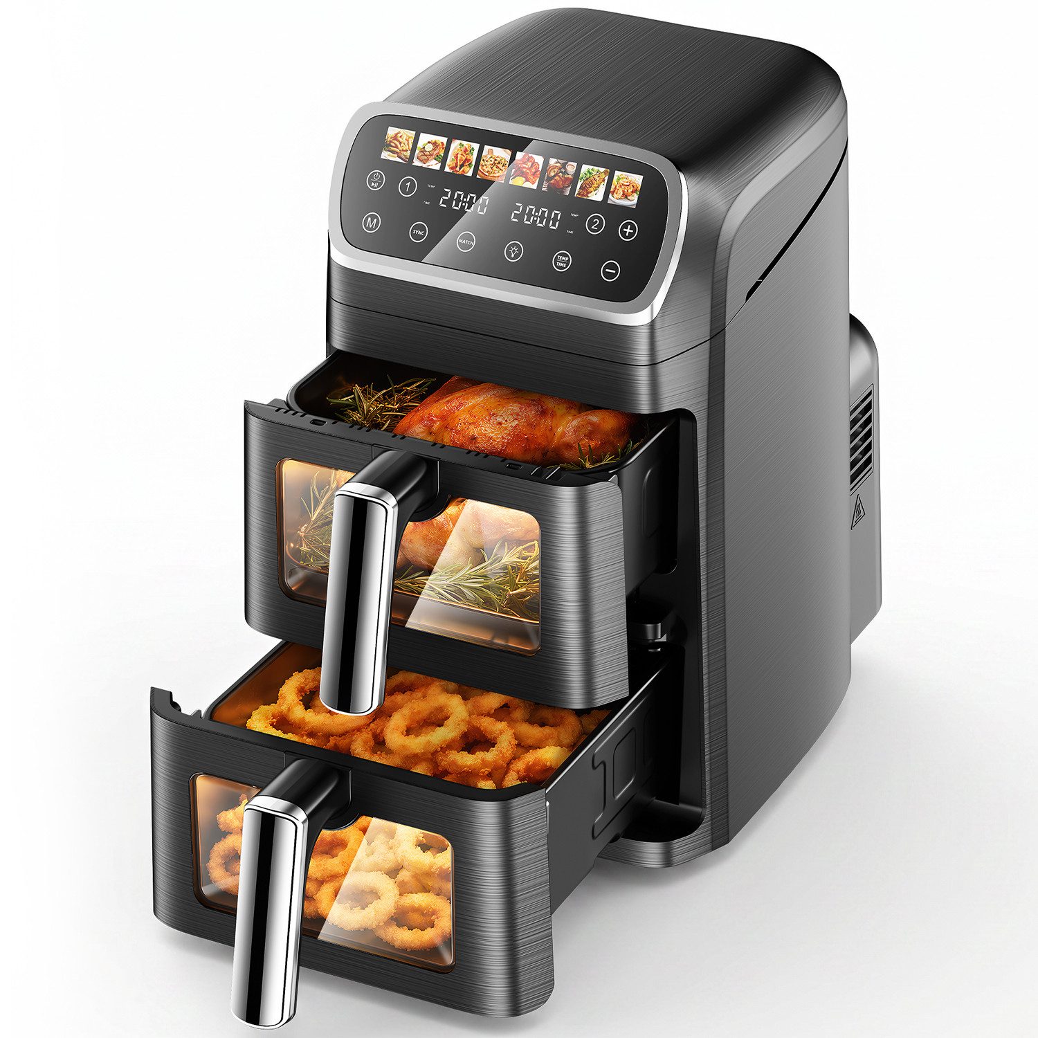 oyajia Heißluftfritteuse Heißluftfritteuse 2 Kammern, Airfryer 9L mit 8 voreingestellte Programme, LED Touch Farbdisplay, Sichtfenster, Unabhängige Temperaturregelung, 2800,00 W, Antihaft-Metallkörbe,4.5L+4.5L,fettarmes gesundes Kochen