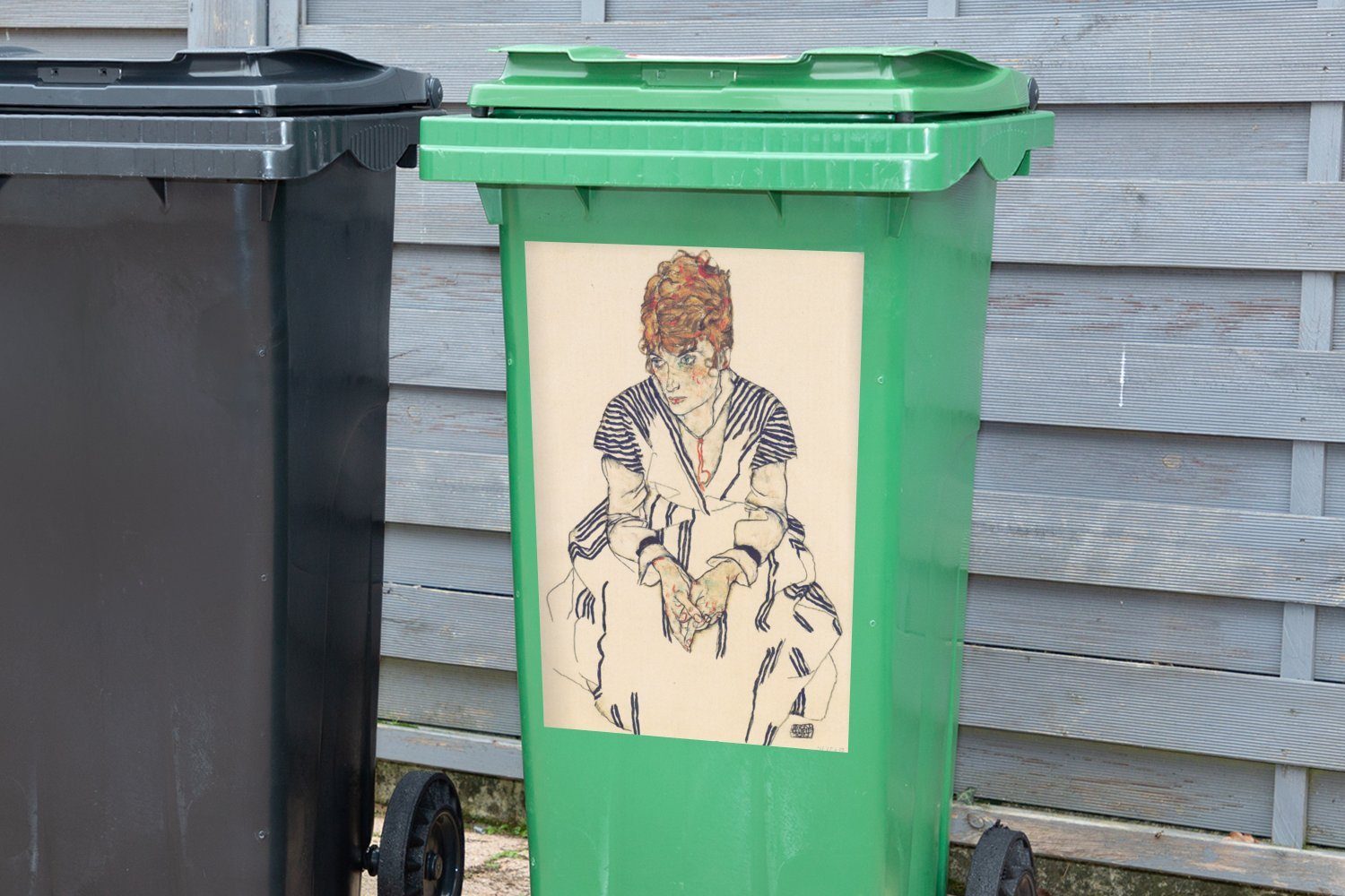 Wandsticker Porträt Edith schiele - Sticker, (1 Mülleimer-aufkleber, von MuchoWow Container, Egon St), Frau Mülltonne, der des Abfalbehälter Künstlers Schiele,