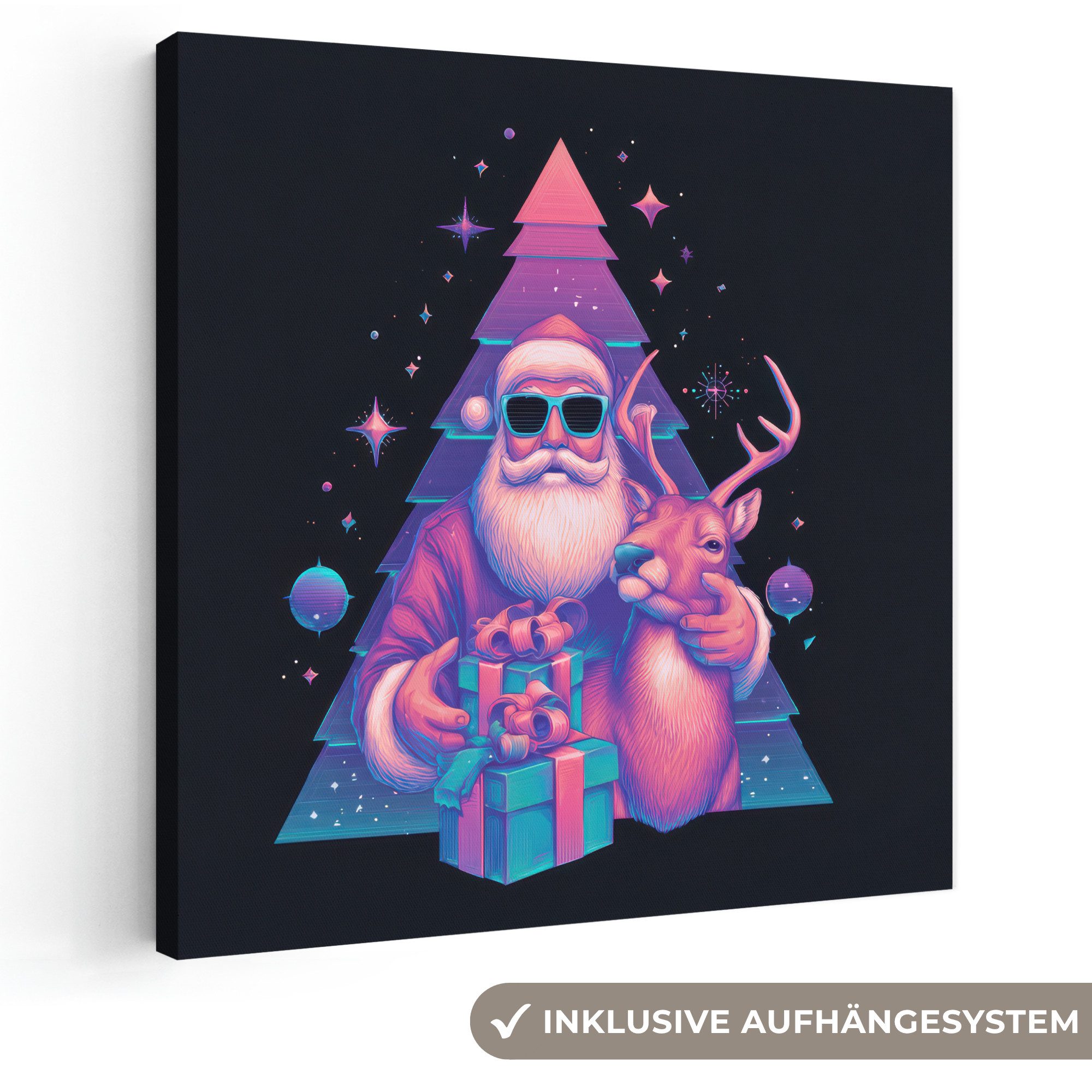 OneMillionCanvasses® Leinwandbild Retro - Weihnachtsmann - Rentier - Weihnachtsbaum, Fotodruck (1 St), Wandbild, Deko Schlafzimmer Wohnzimmer Flur 20x20 cm