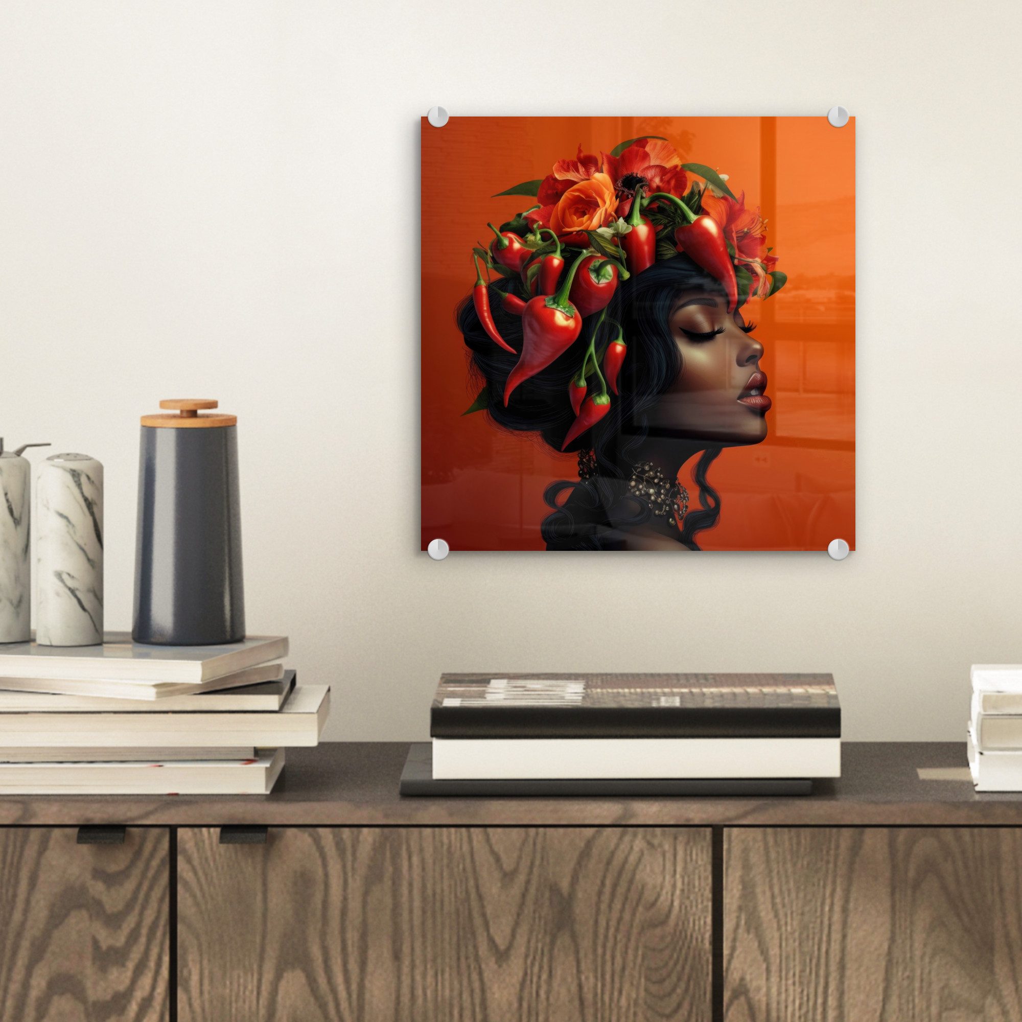 MuchoWow Acrylglasbild Frau - Chilischoten - günstig online kaufen