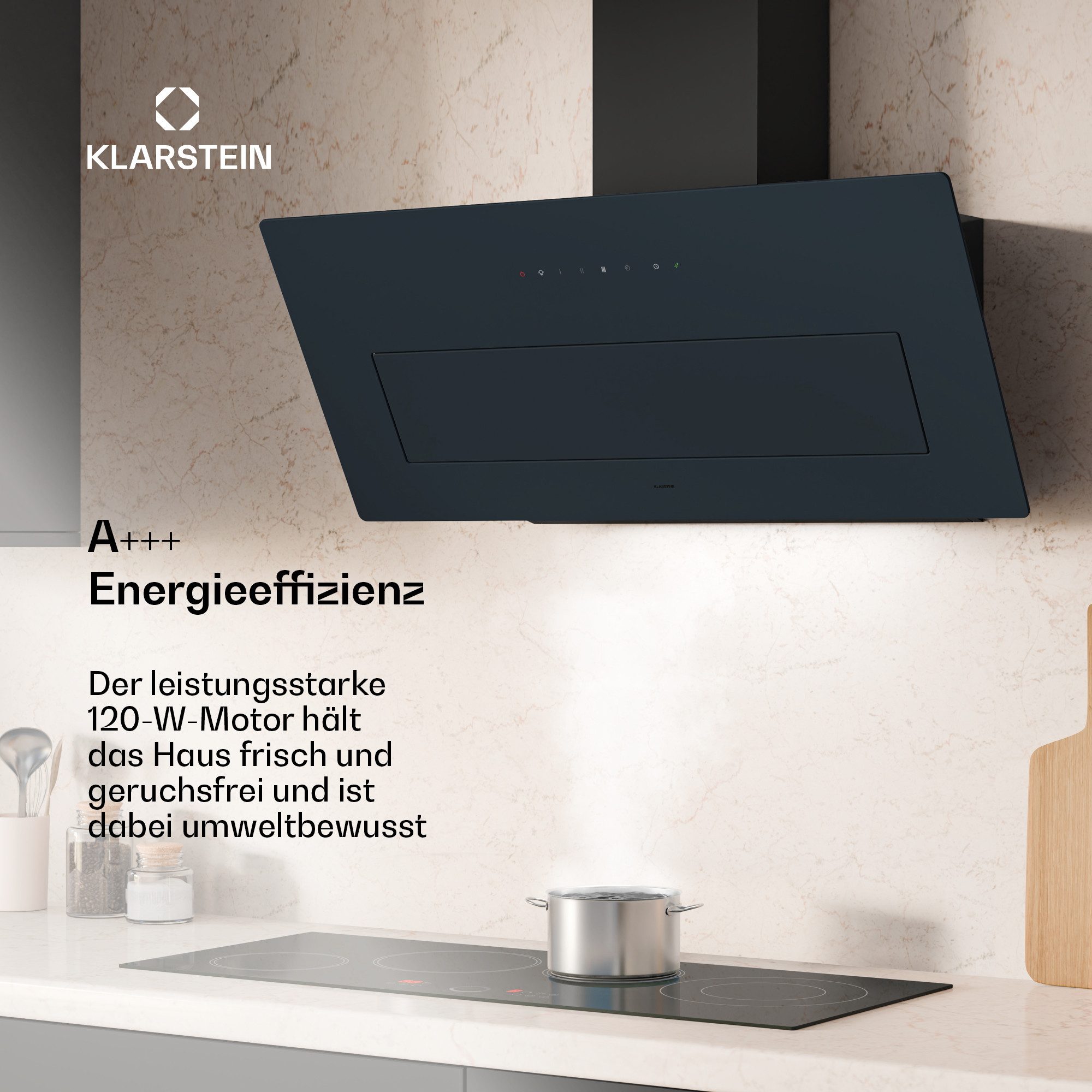 Klarstein Deckenhaube SleekAir Serie SleekAir Wandhaube 90 cm 717 m³/h A+++ Aktivkohle 39 dB Touch LED SleekAir, Dunstabzugshaube kopffrei Umluft Abluft mit Kohlefilter & 39 dB