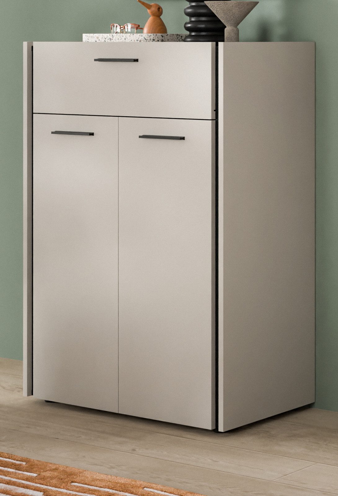 Inn.Furn Schuhkommode Nevia (Flurkommode in Kaschmir / Sand mit Schwarz, 2-türig, 75 x 106 cm), mit Soft-Close-Funktion und Vollauszug