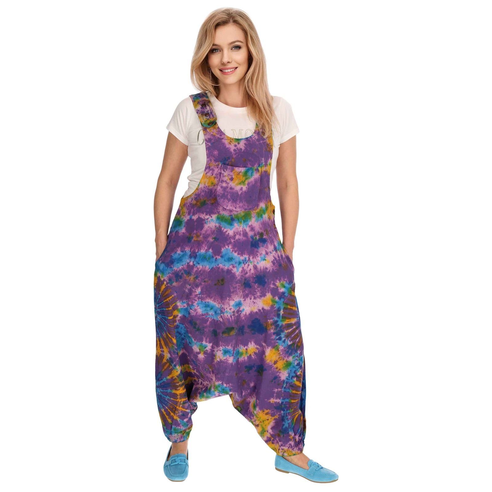 Latzhose UND Jumpsuit Psy / KUNST Dye Lila Batik Tie Bunt Haremshose 70er Boho MAGIE Purple Hose Latzhose