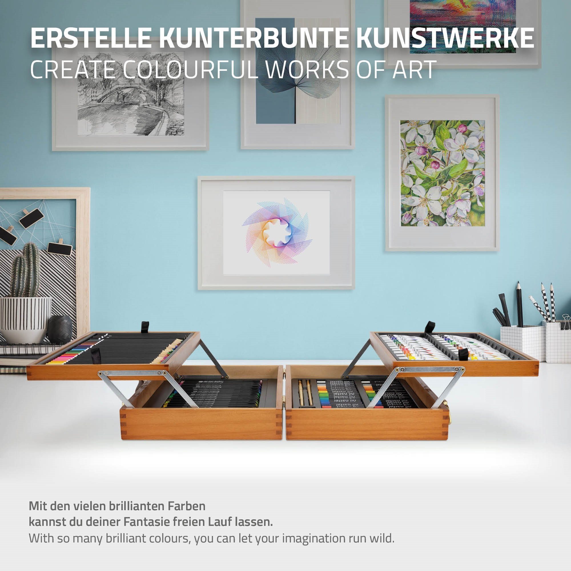 ECD Germany Künstler Malerset Farbstiften Farbtuben Zeichenset Pinselset, Holzkoffer Malkoffer 127-Teilig Set verschiedenen