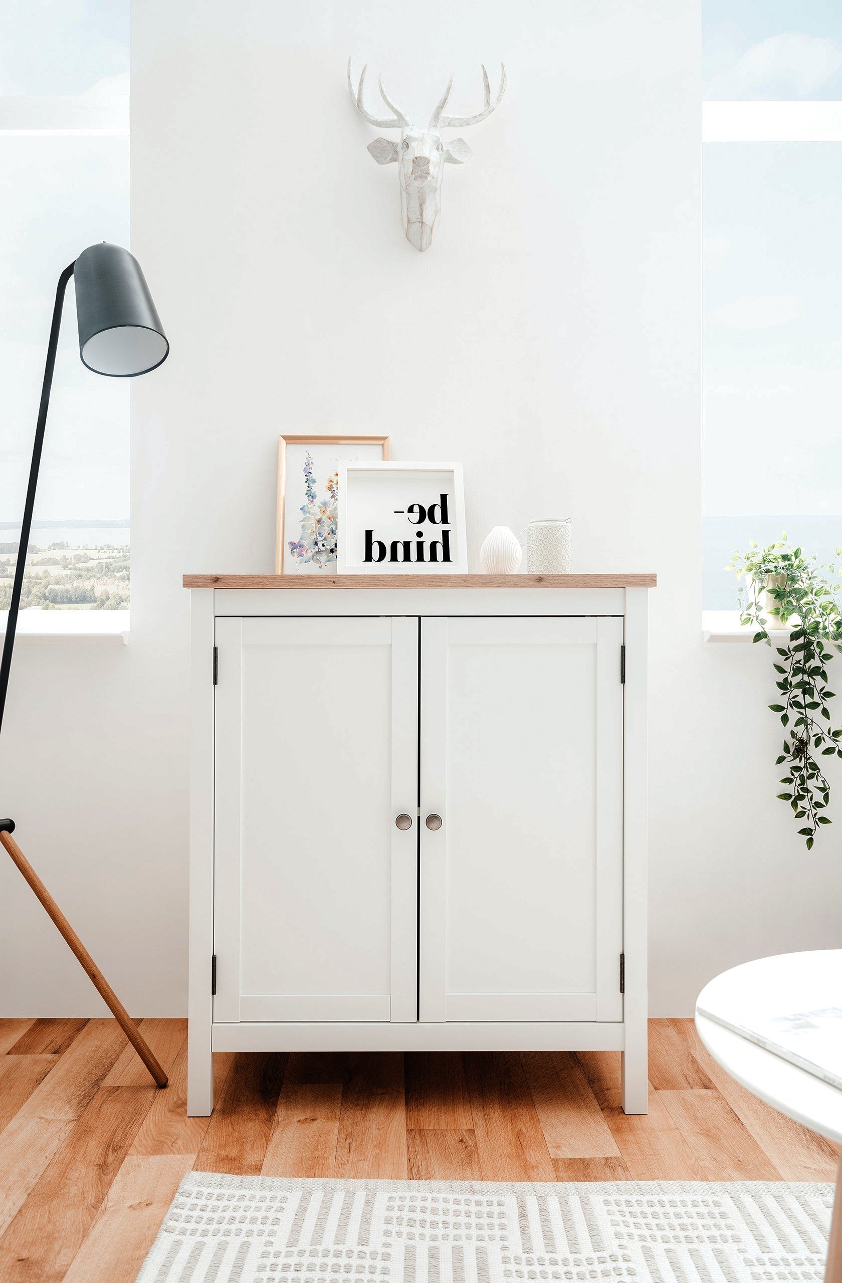 Newroom Kommode Wildeiche 80 cm, Sideboard Weiß Wildeiche Vintage Landhaus Highboard Anrichte