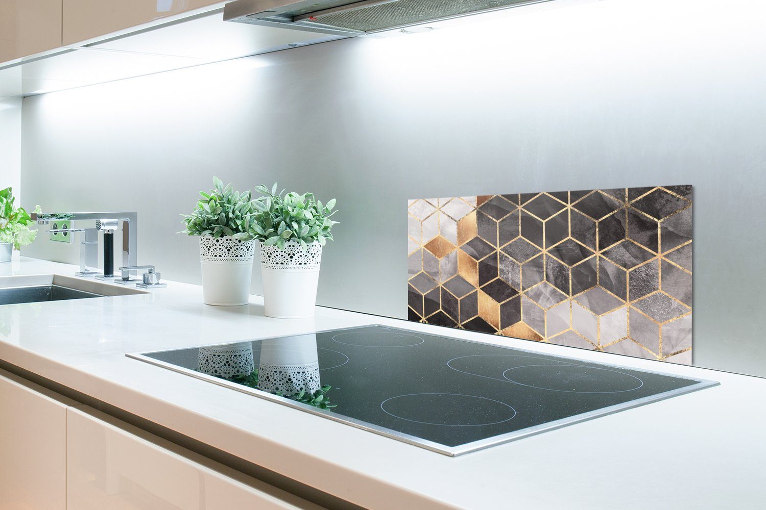 Schwarz Fett Muster cm, Wandschutz, Abstrakt Küchen Würfel Gold - Küchenrückwand für Weiß, - MuchoWow gegen - und - 60x30 - Schmutzflecken (1-tlg),