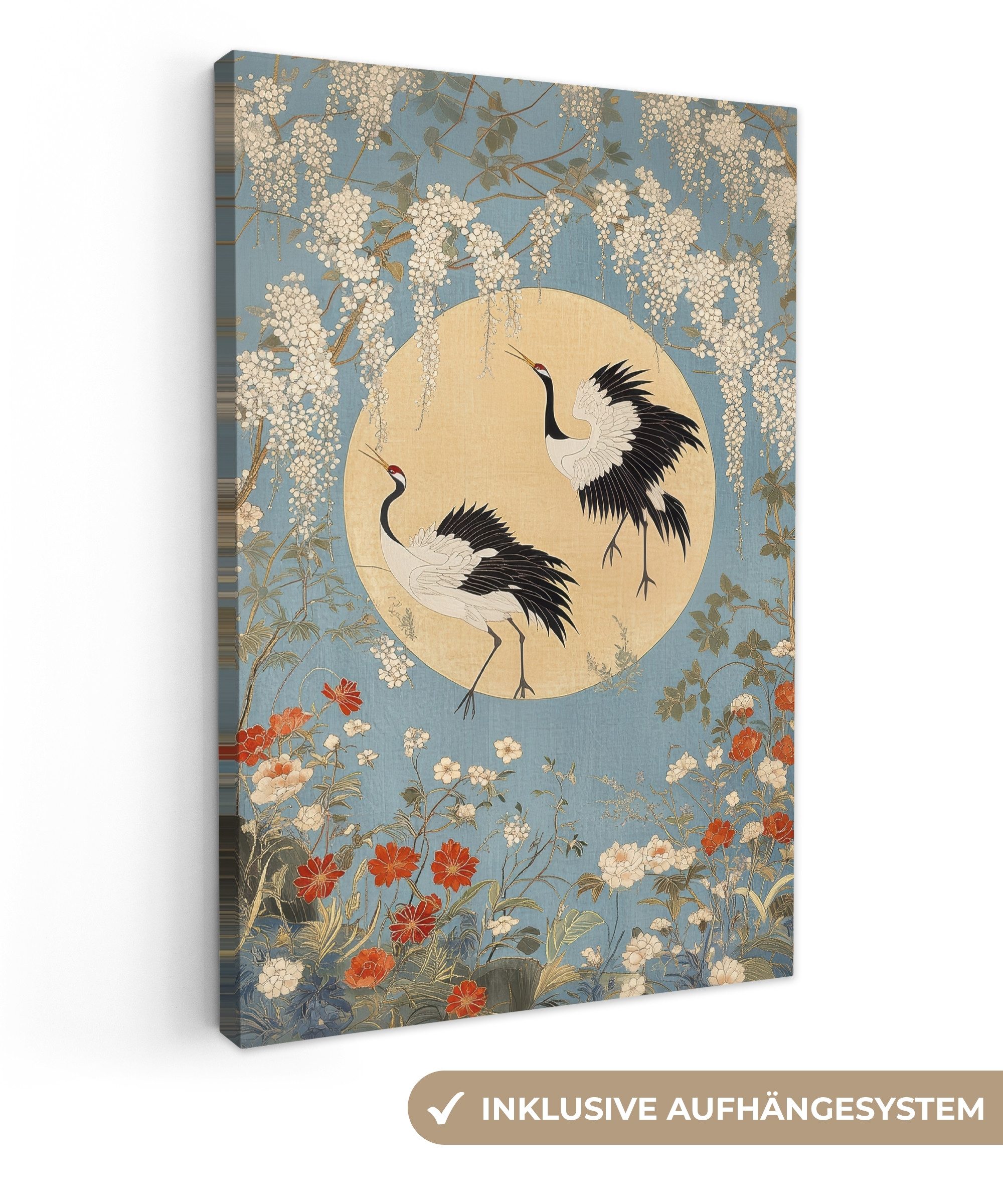 OneMillionCanvasses® Leinwandbild Kraniche - Mond - Blumen - Blau, Fotodruc günstig online kaufen