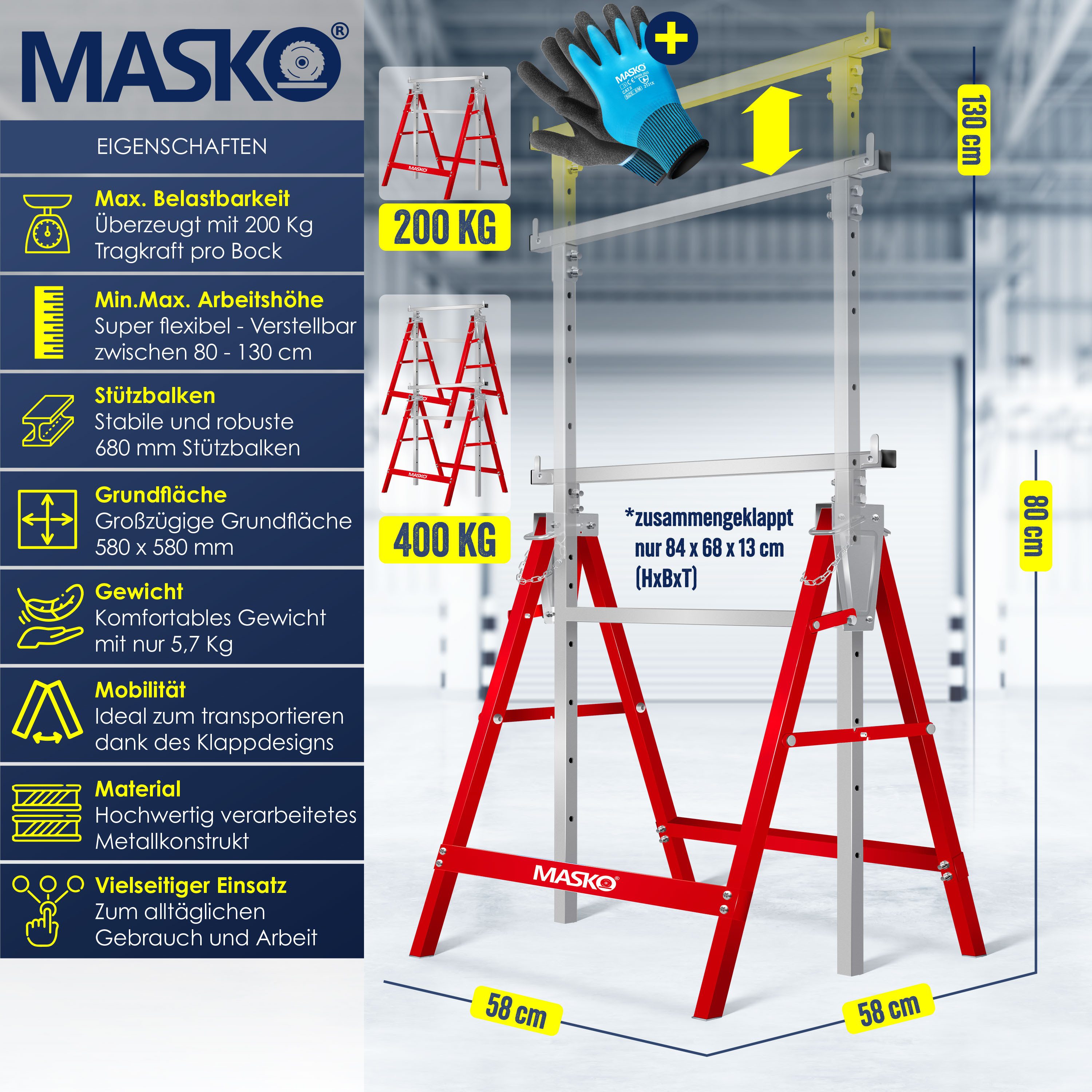 MASKO Klappbock Teleskop-Arbeitsbock Untergestell Sägebock max. Belastbarkeit 200 kg, (2-St., Gerüstbock inkl. Handschuhe), Unterstellbock höhenverstellbar Min. / Max. Arbeitshöhe 800-1300 mm