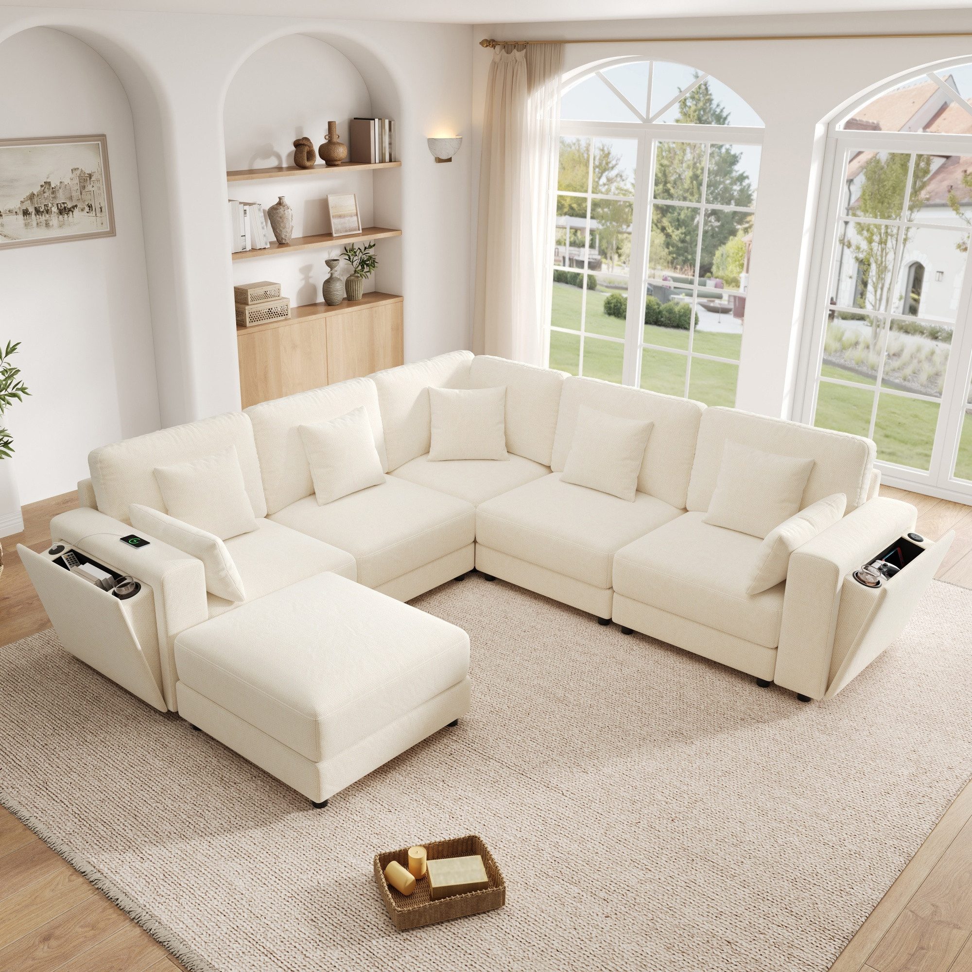Merax Ecksofa Modulares 6-Sitzer Sofa mit USB & Type-C, Chenille Couch, 215 x 215 x 82 cm 1 Teile, L-/U-Form Sofa mit Hocker, Getränkehaltern, Stauraum & 7 Kissen