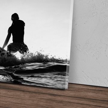 Sinus Art Leinwandbild 120x80cm Wandbild auf Leinwand Surfer Schwarz Weiß Wellen Ozean Wellen, (1 St)