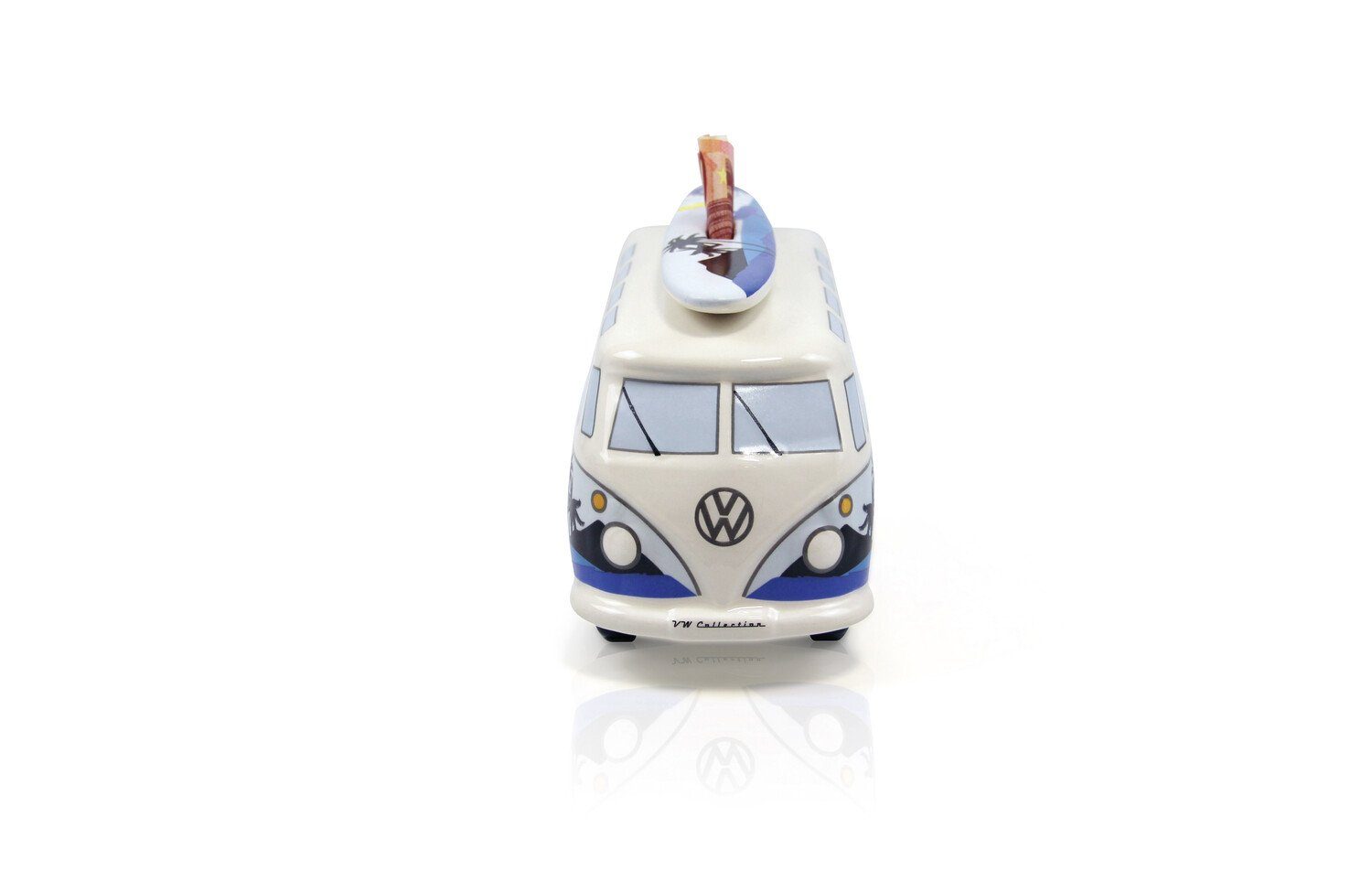 VW Collection by BRISA Spardose Volkswagen Sparschwein im T1 Bulli Bus Design mit Surfbrett, Geldbüchse aus hochwertiger Keramik