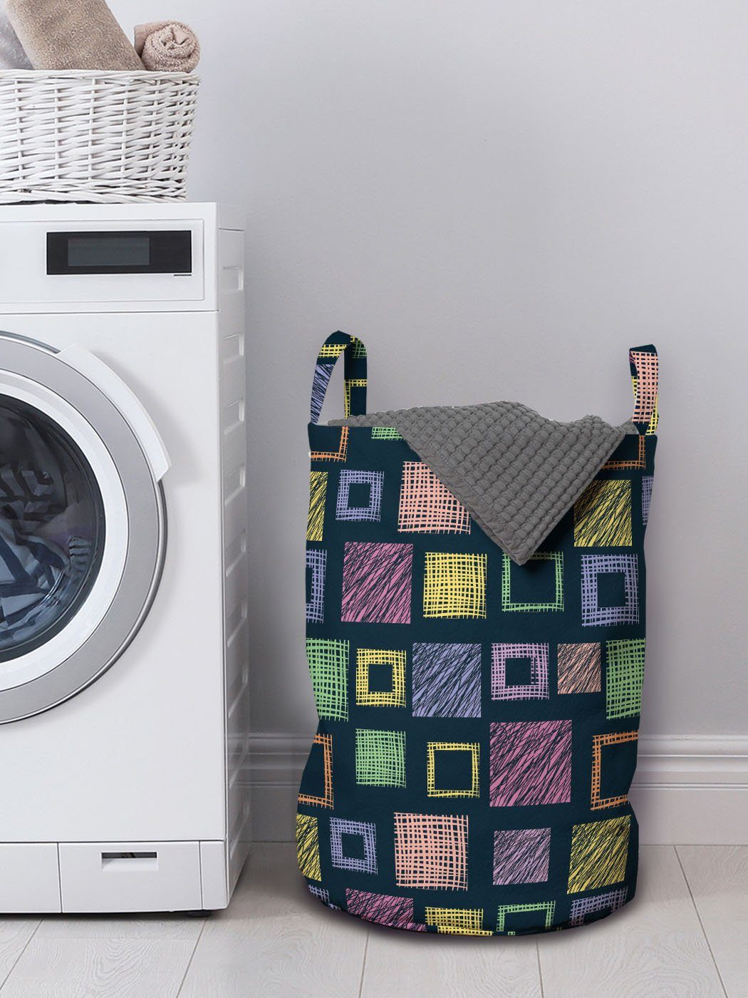 Abakuhaus Wäschesäckchen Wäschekorb mit Griffen für Geometrisch Hand Drawn Kordelzugverschluss Waschsalons, Squares