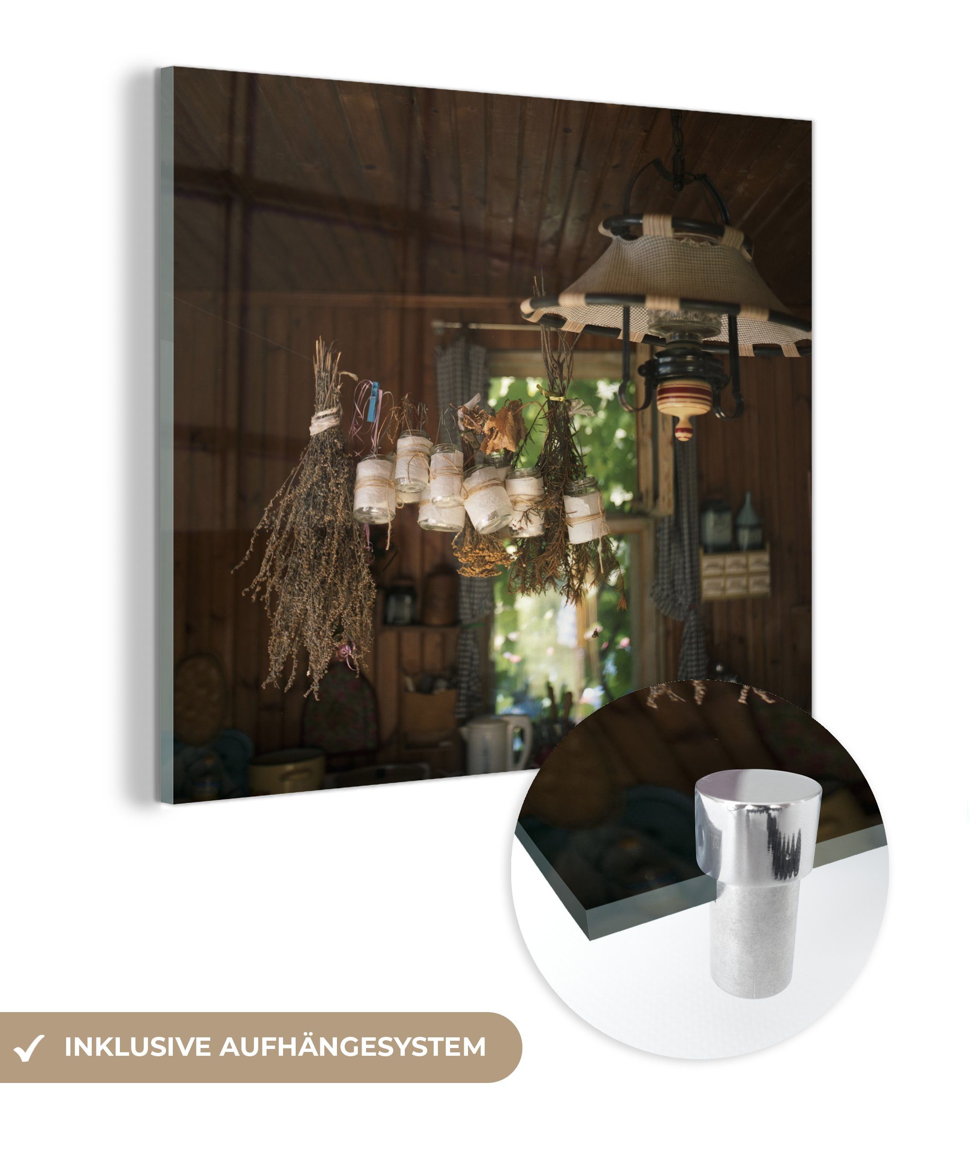 MuchoWow Acrylglasbild Altmodische Küche mit Kräutern in Weckgläsern, (1 St), Glasbilder - Bilder auf Glas Wandbild - Foto auf Glas - Wanddekoration | Bilder