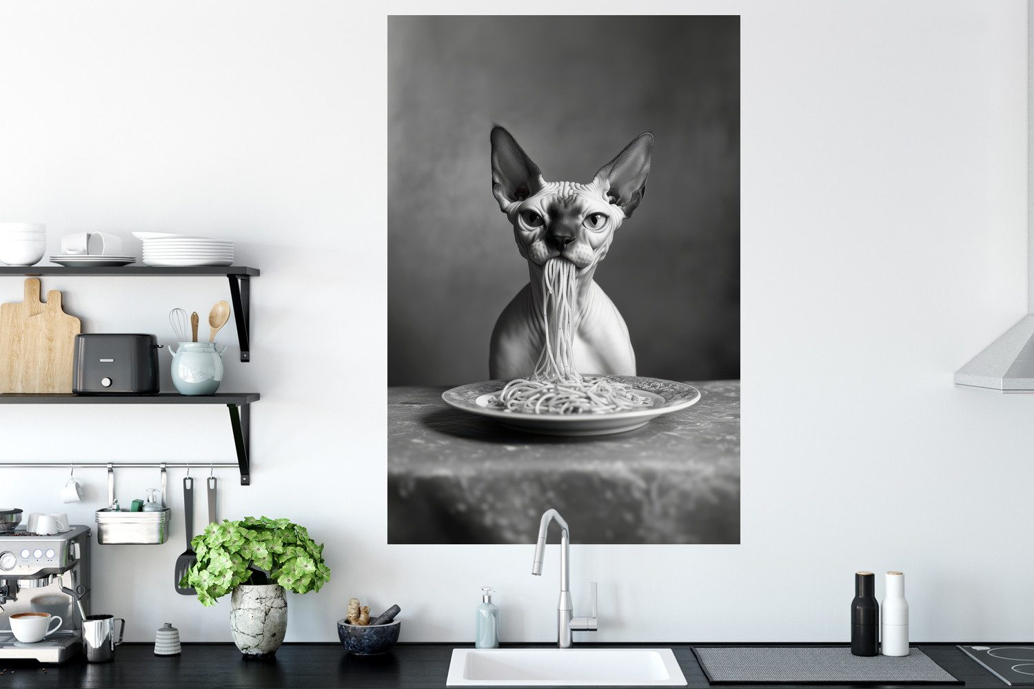 MuchoWow Wandsticker Sphynx - Katze - Tiere - Humor - Spaghetti - Schwarz und Weiß (1 St), Wanddeko, Aufkleber, Wandtattoo, 80x120 cm