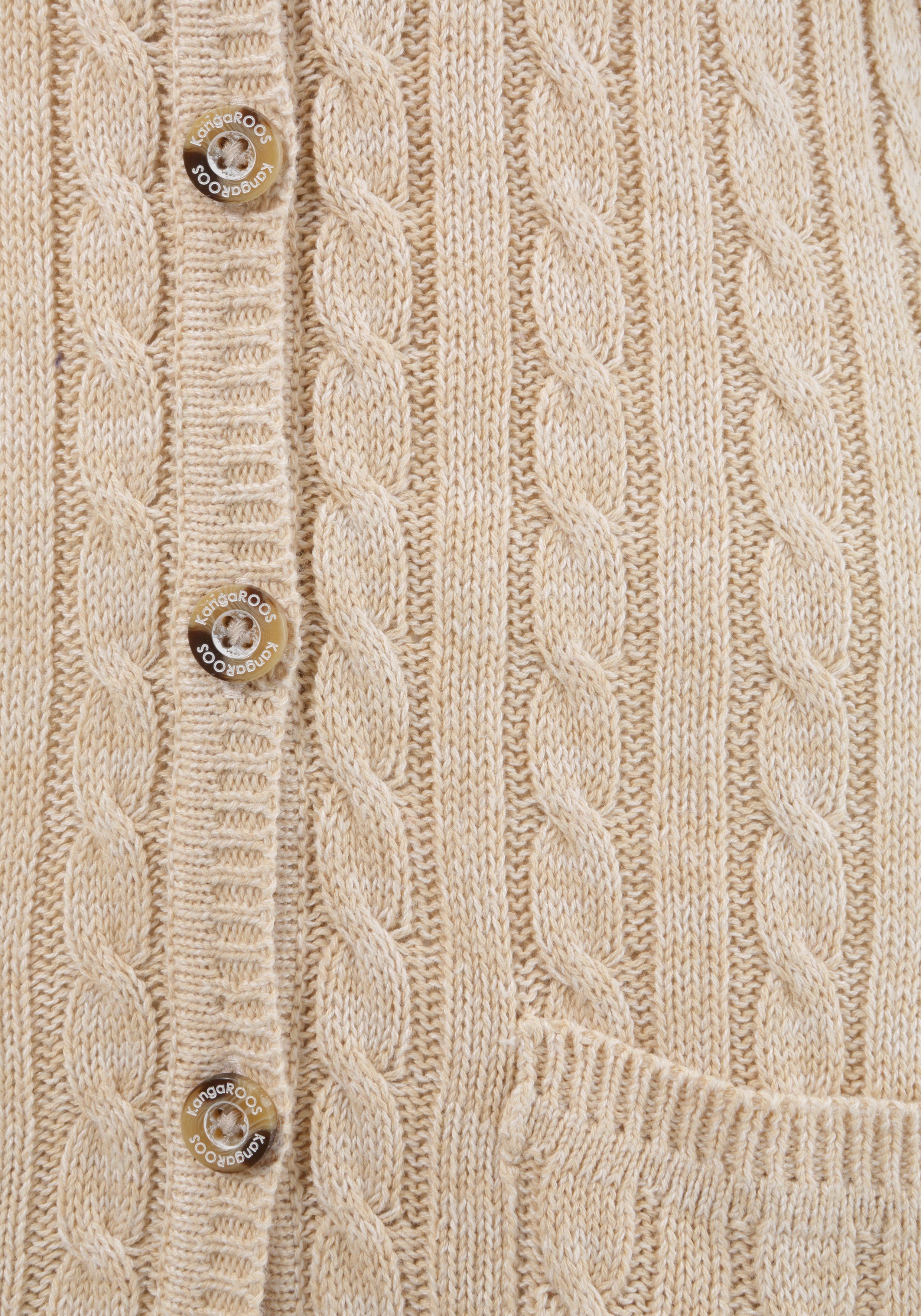 und Longstrickjacke Zopfmuster KangaROOS mit wollweiß-beige trendigem Taschen