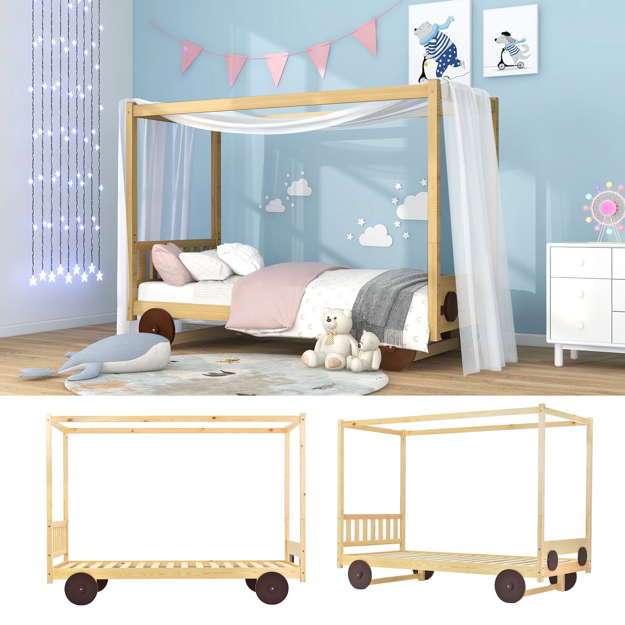 Kinderbett (mit MDF-Rädern und abnehmbare Rahmen), Einzelbett mit Lattenrost, massivem Kiefernholz, 90x200